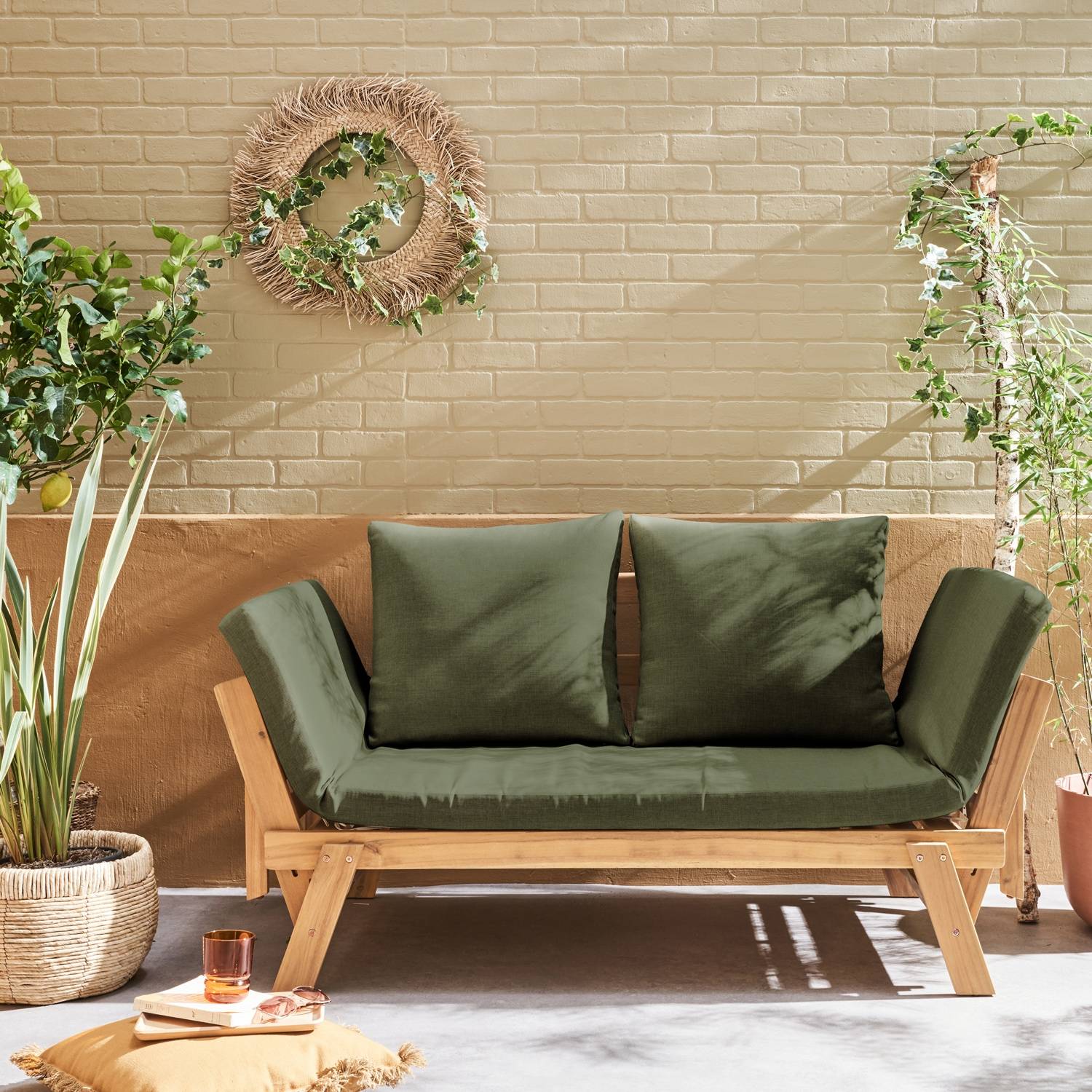 Banquette de jardin kaki 2/3 places JALANCE. accoudoirs modulables 155/200x72x74.5cm | sweeek - Image 1