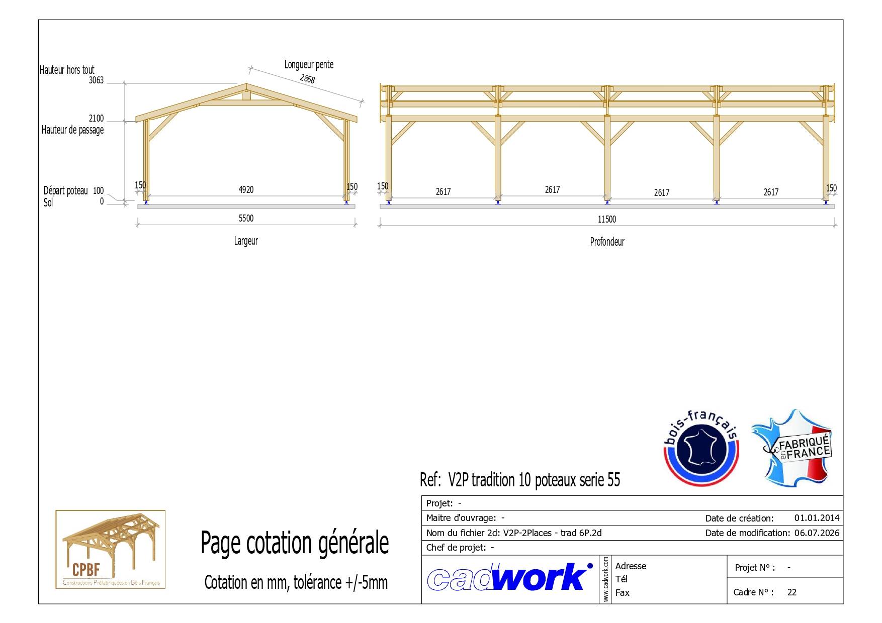 Cpbf Charpentes - Carport bois 2 pentes en bois douglas 24 m², 8 poteaux. Abri voiture extérieur. Garantie 10 ans. - Image 3