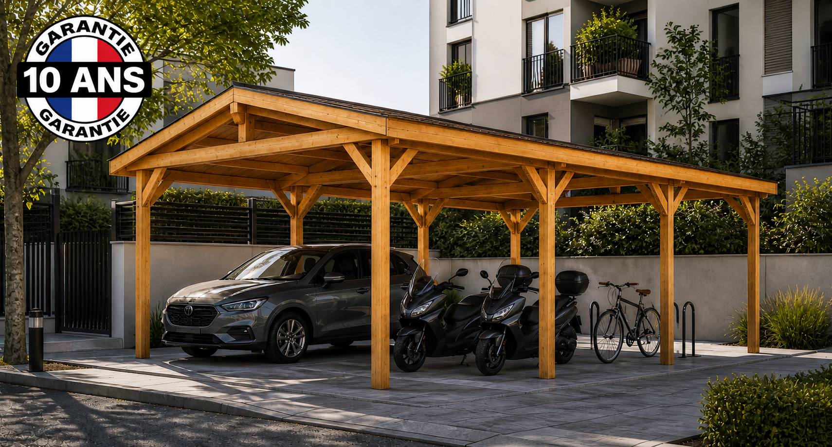 Cpbf Charpentes - Carport bois 2 pentes en bois douglas 24 m², 8 poteaux. Abri voiture extérieur. Garantie 10 ans. - Image 1
