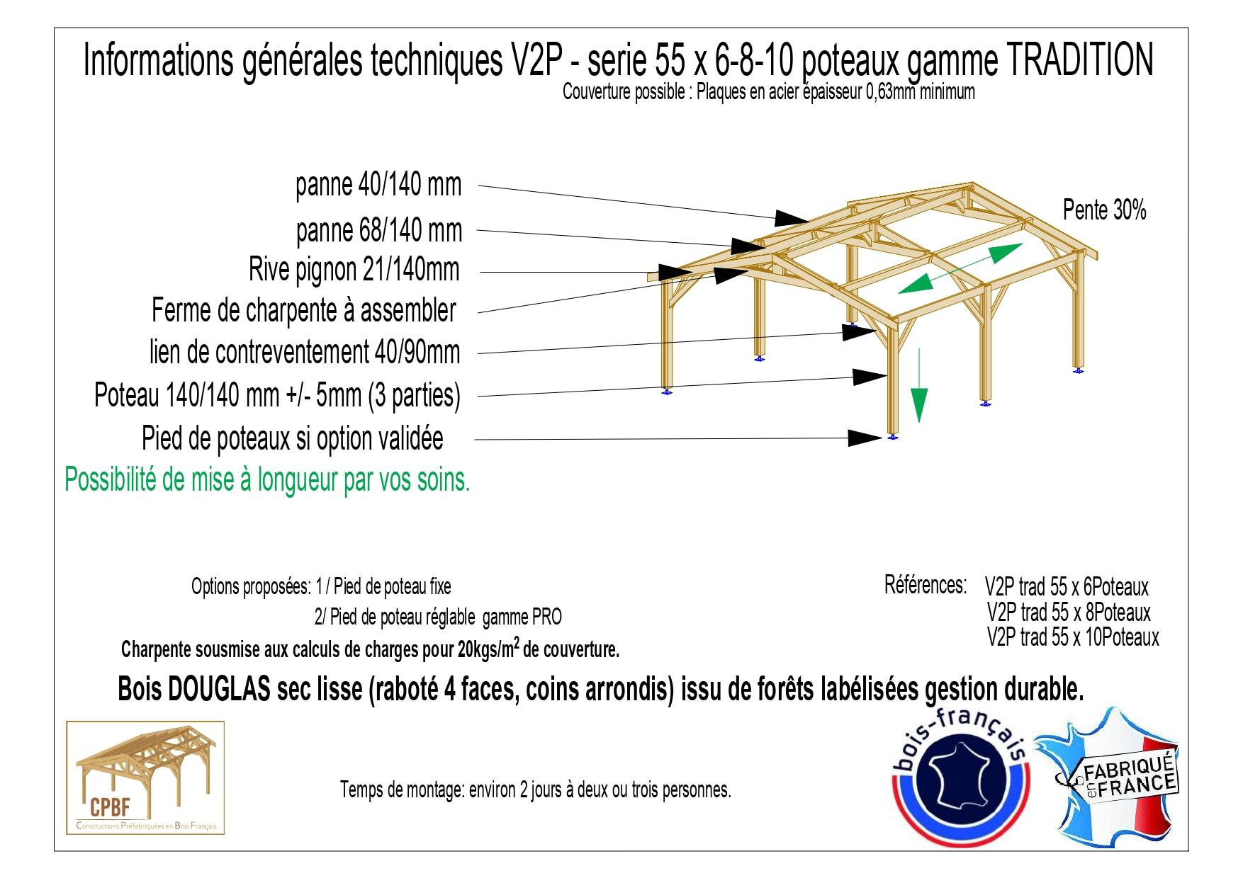 Cpbf Charpentes - Carport bois 2 pentes en bois douglas 24 m², 8 poteaux. Abri voiture extérieur. Garantie 10 ans. - Image 6