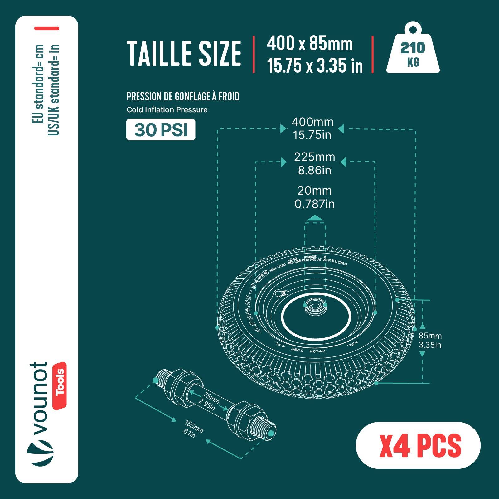 Vounot - Lot de 4 Roue gonflable robuste 4.80/4.00-8 pour chariot brouette alesage 20mm 400x85mm Rouge - Image 3