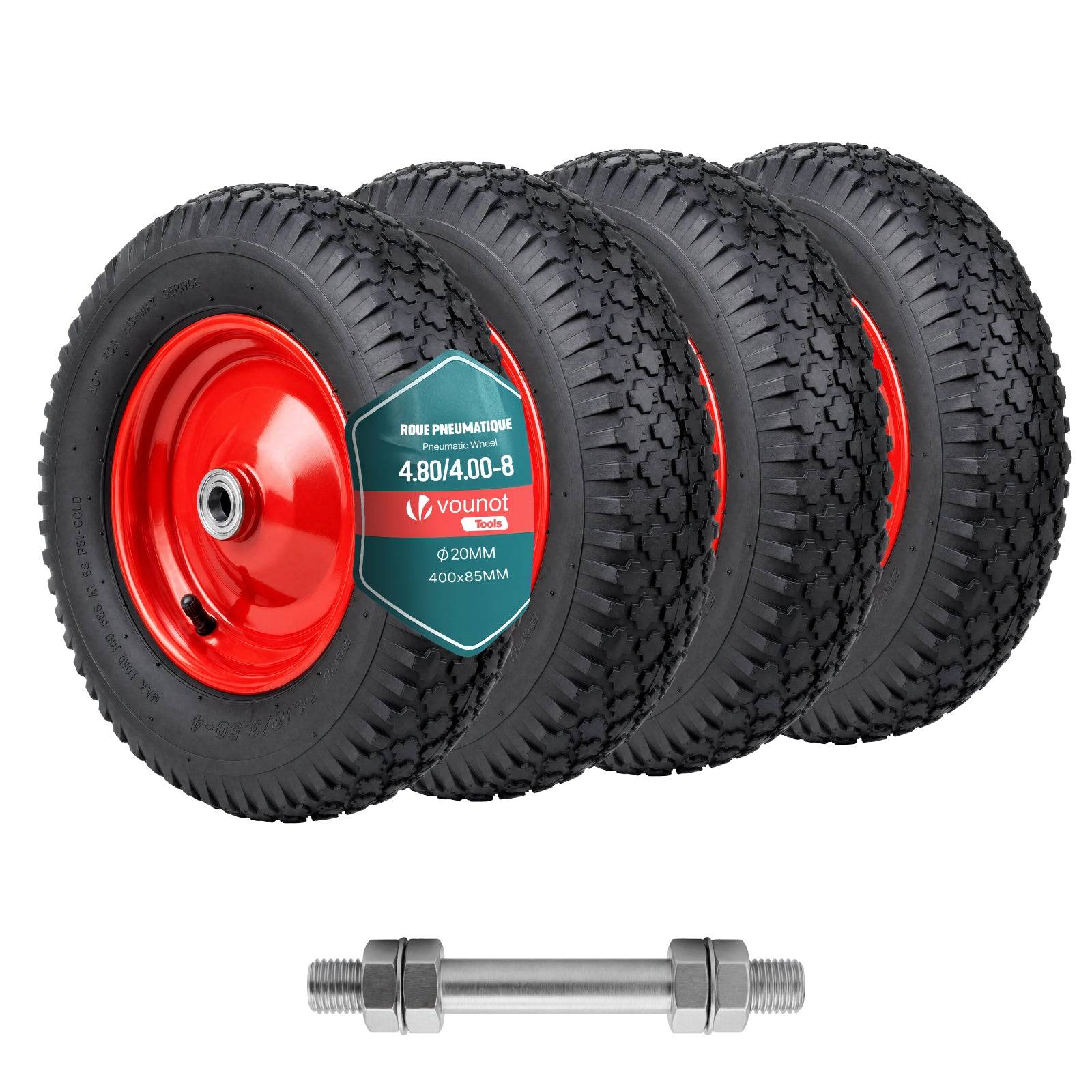Vounot - Lot de 4 Roue gonflable robuste 4.80/4.00-8 pour chariot brouette alesage 20mm 400x85mm Rouge - Image 1