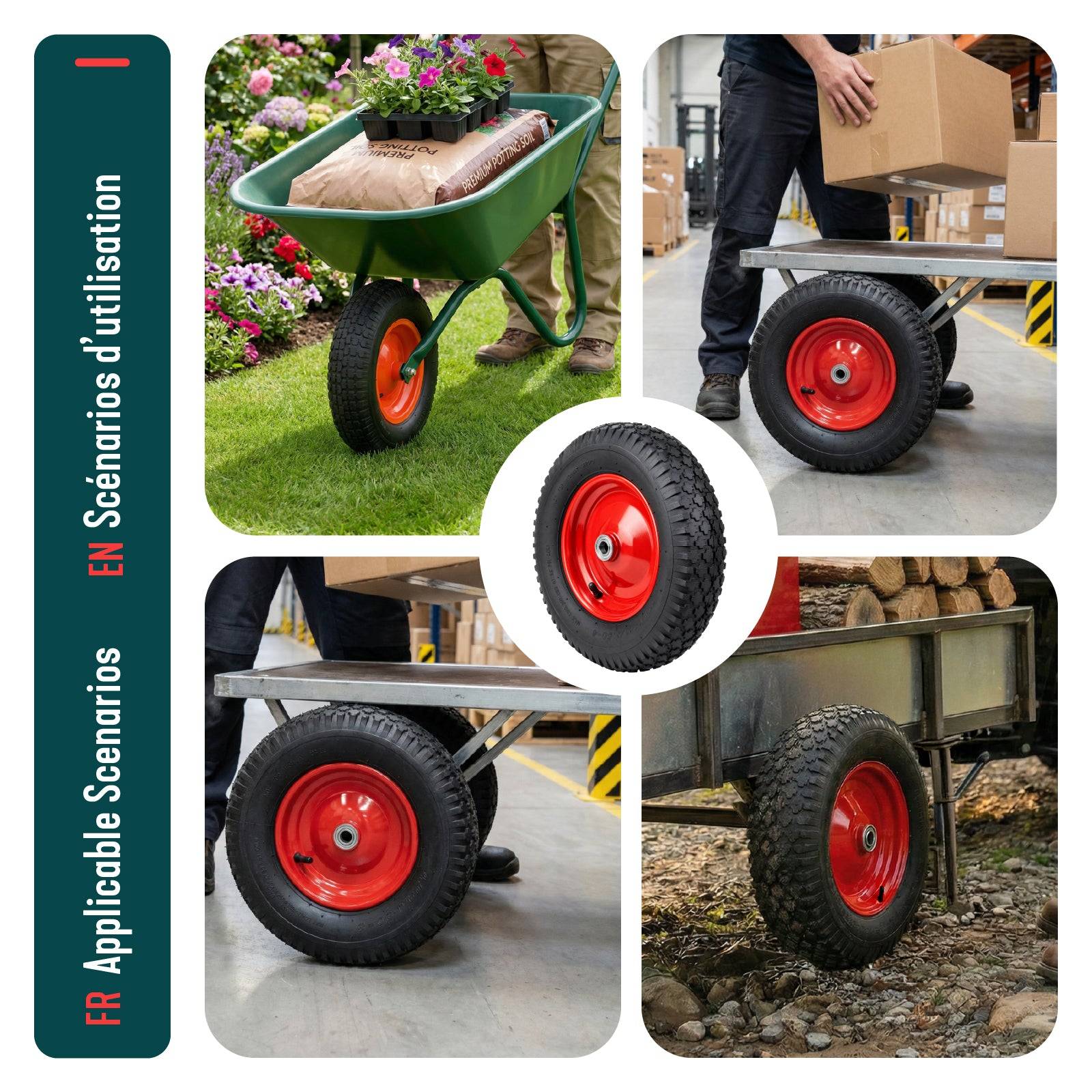 Vounot - Lot de 4 Roue gonflable robuste 4.80/4.00-8 pour chariot brouette alesage 20mm 400x85mm Rouge - Image 7