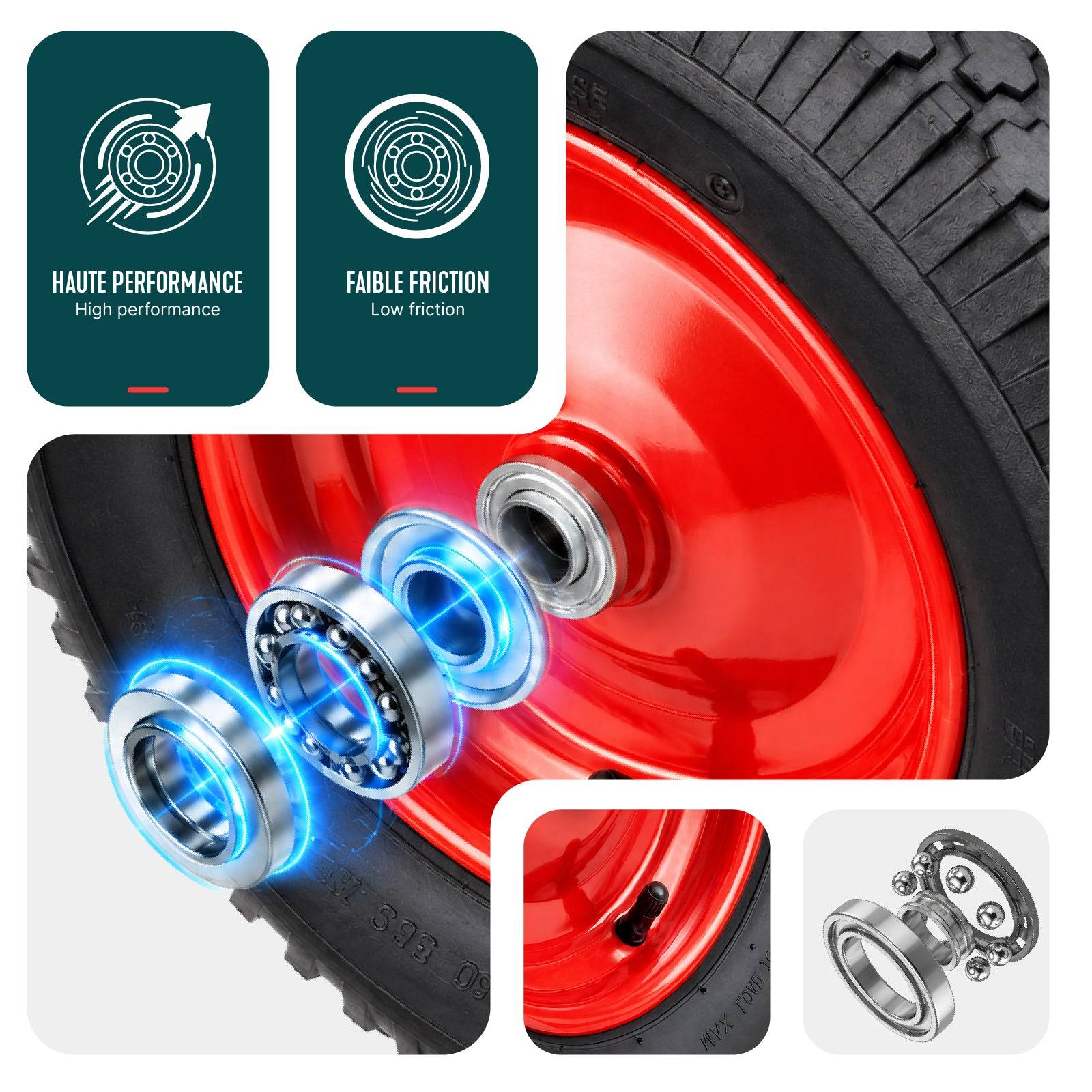 Vounot - Lot de 4 Roue gonflable robuste 4.80/4.00-8 pour chariot brouette alesage 20mm 400x85mm Rouge - Image 4