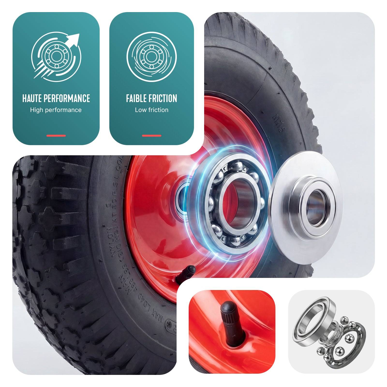Vounot - Lot de 4 Roue gonflable robuste 4.80/4.00-8 pour chariot brouette alesage 20mm 400x85mm rouge - Image 4