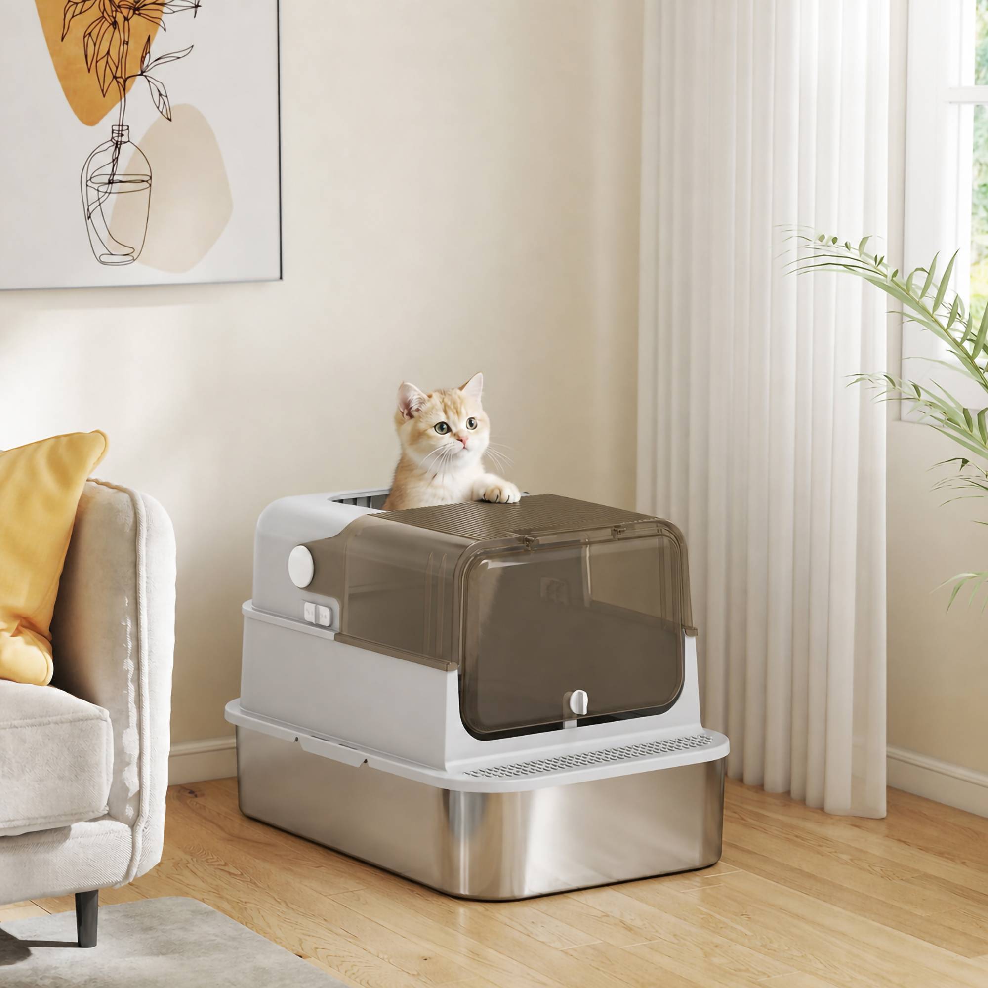 Sans Marque - Litière XXL inox couvercle rabattable, avec pelle, pour grand chat jusqu'à 15kg - Image 10