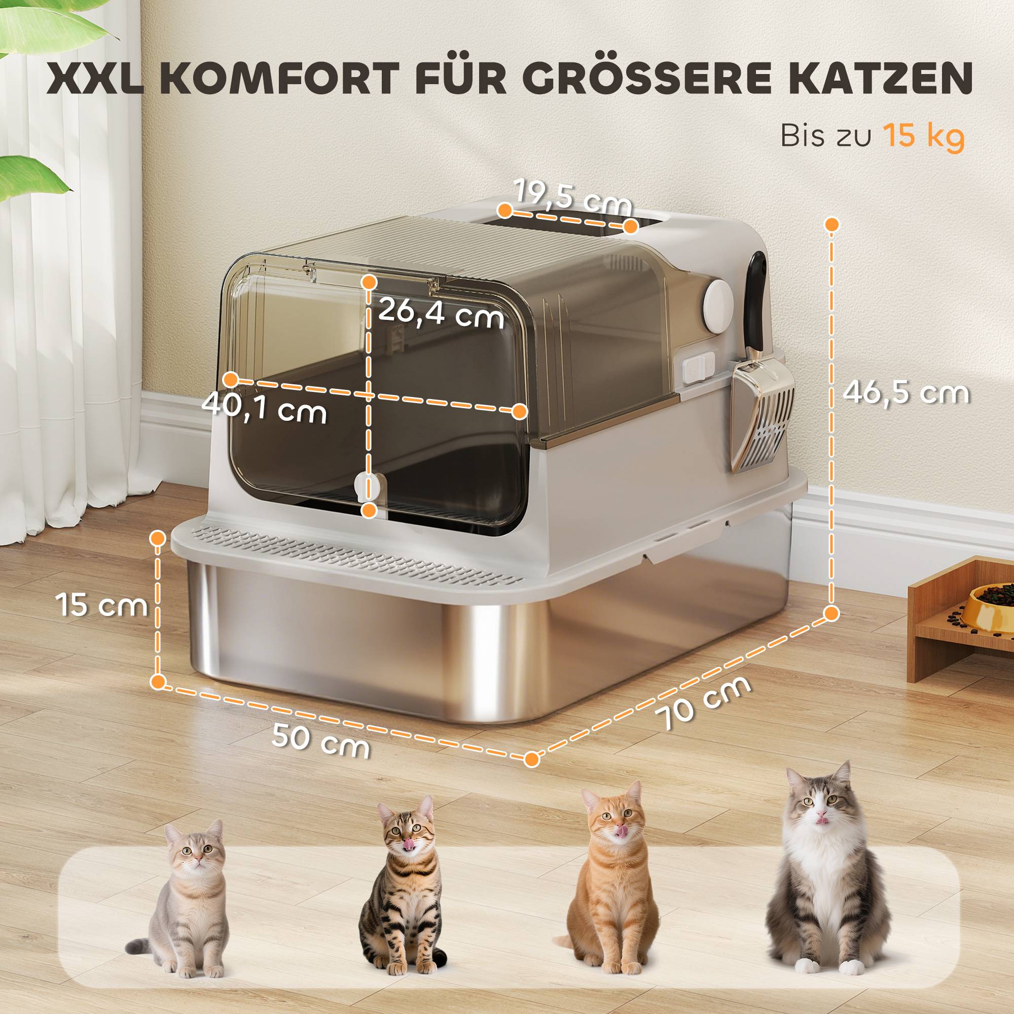 Sans Marque - Litière XXL inox couvercle rabattable, avec pelle, pour grand chat jusqu'à 15kg - Image 5