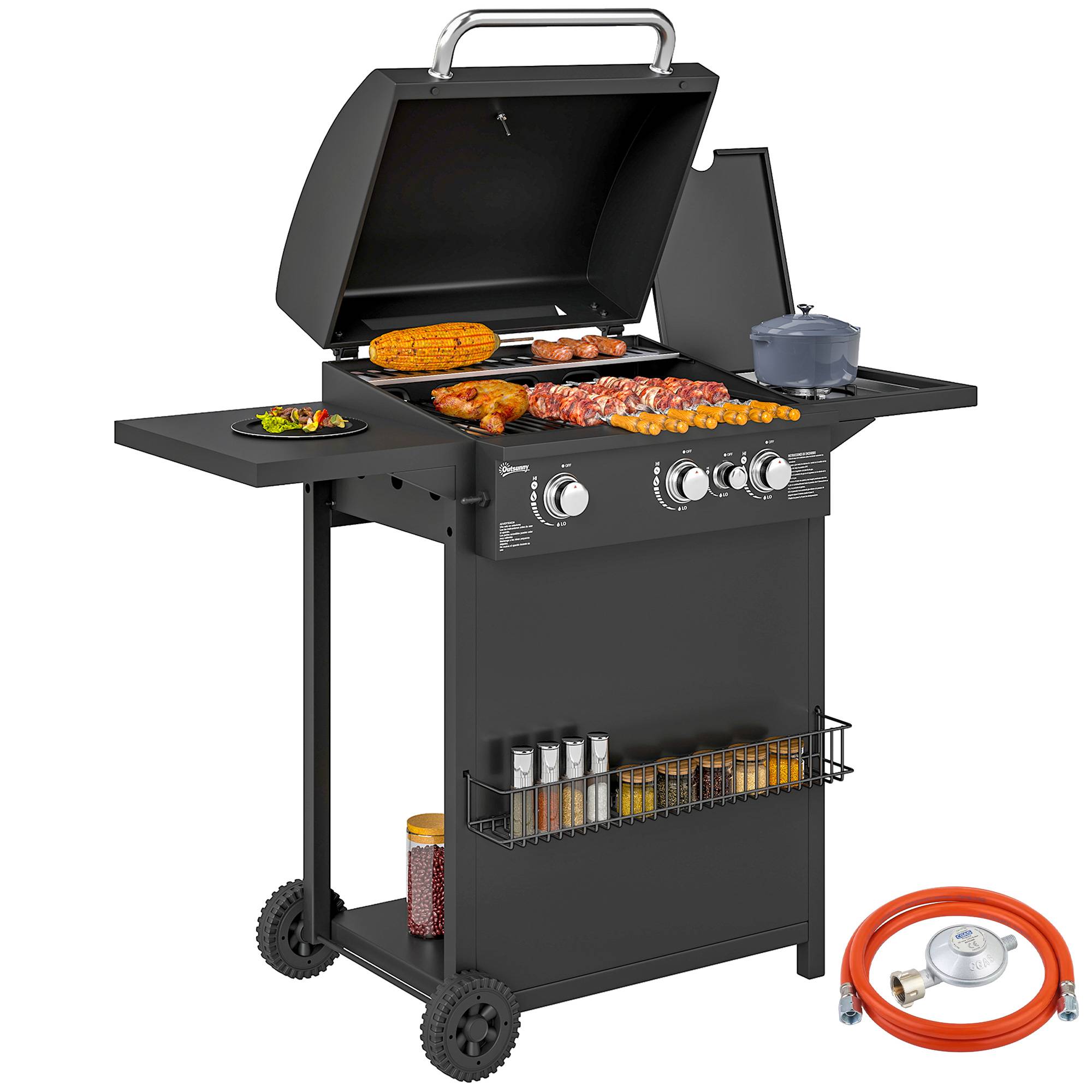 Sans Marque - Barbecue à gaz brûleurs indépendants couvercle thermomètre tablette latérale noir - Image 1