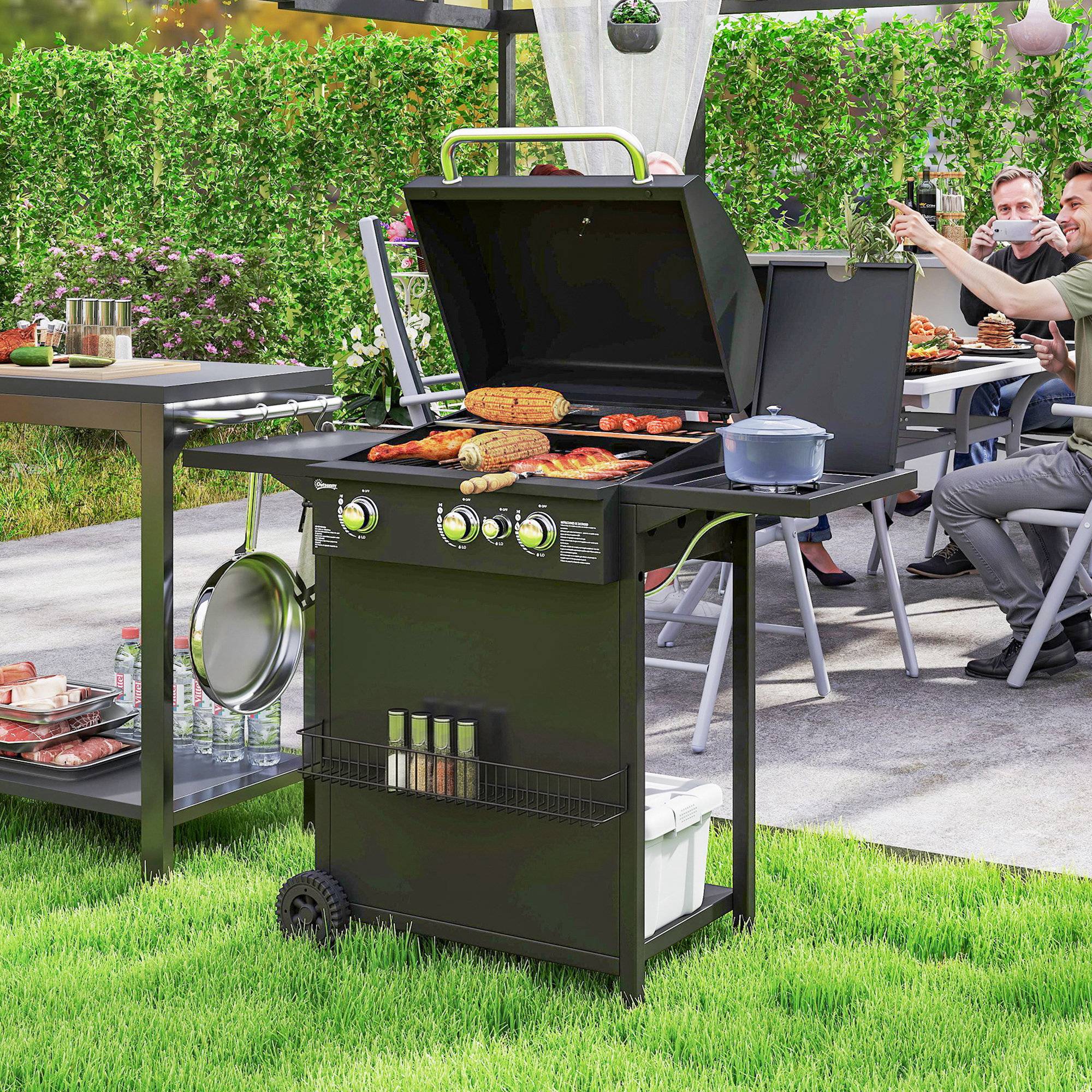 Sans Marque - Barbecue à gaz brûleurs indépendants couvercle thermomètre tablette latérale noir - Image 3