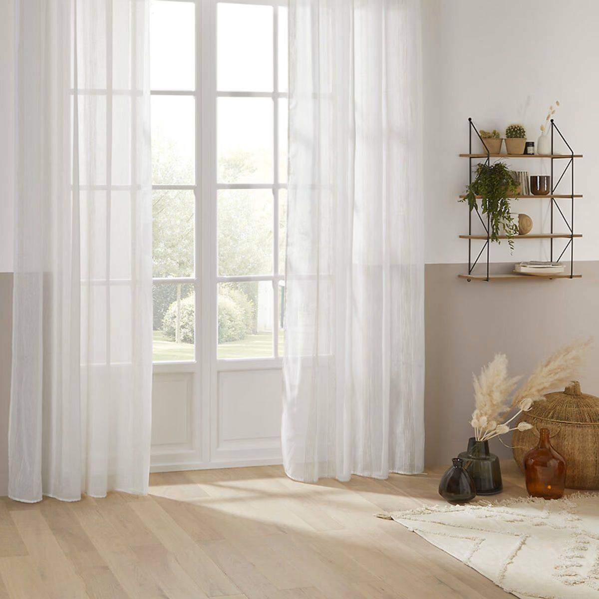 Voilage à œillets Blanc avec de larges rayures Beige Lin 140 x 240 cm - Image 2