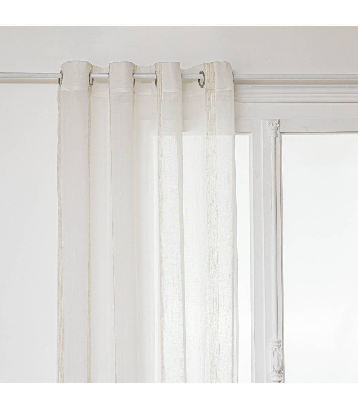 Voilage à œillets Blanc avec de larges rayures Beige Lin 140 x 240 cm - Image 1