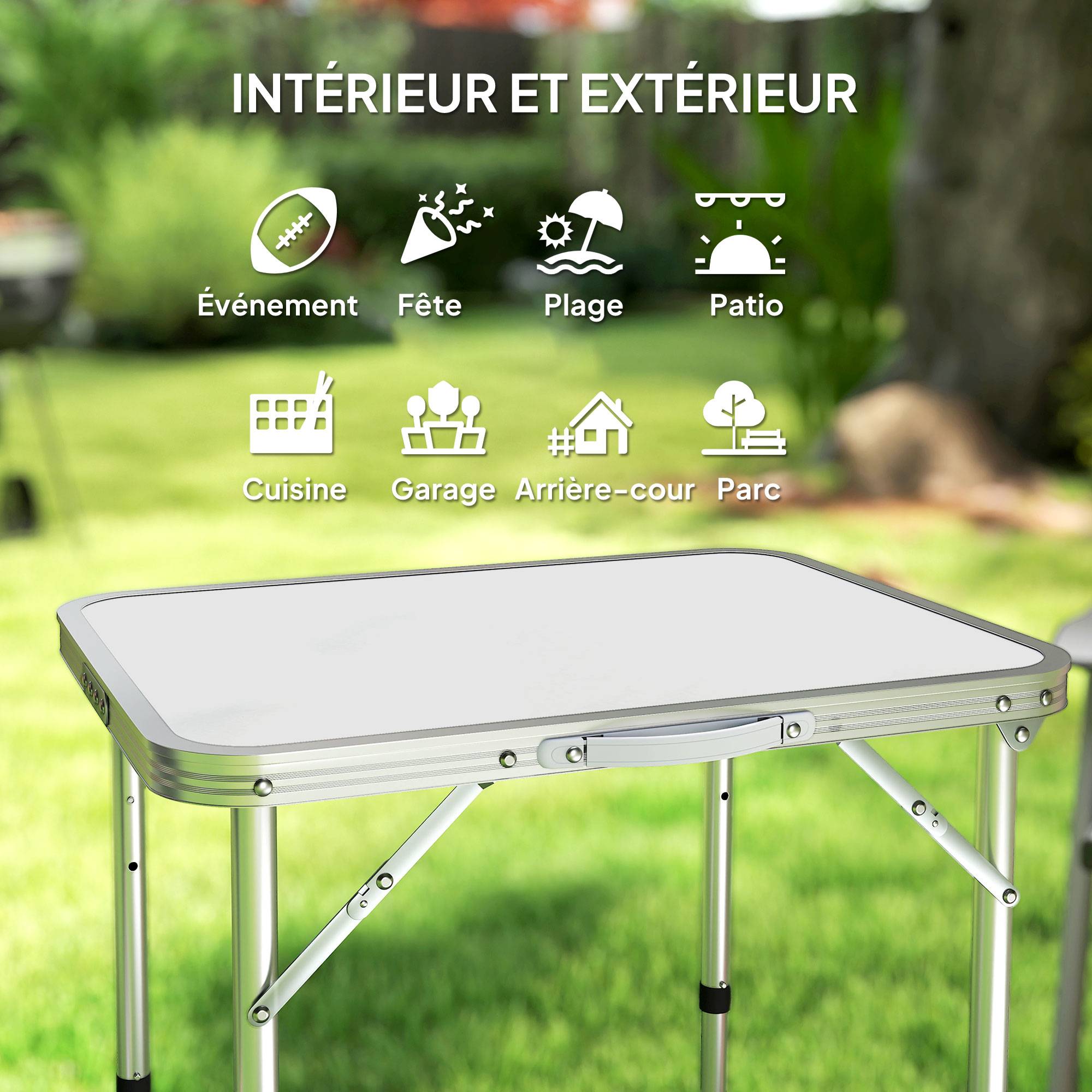 Table Pliante Table de Camping Table de Jardin Hauteur réglable Aluminium MDF Blanc - Image 9