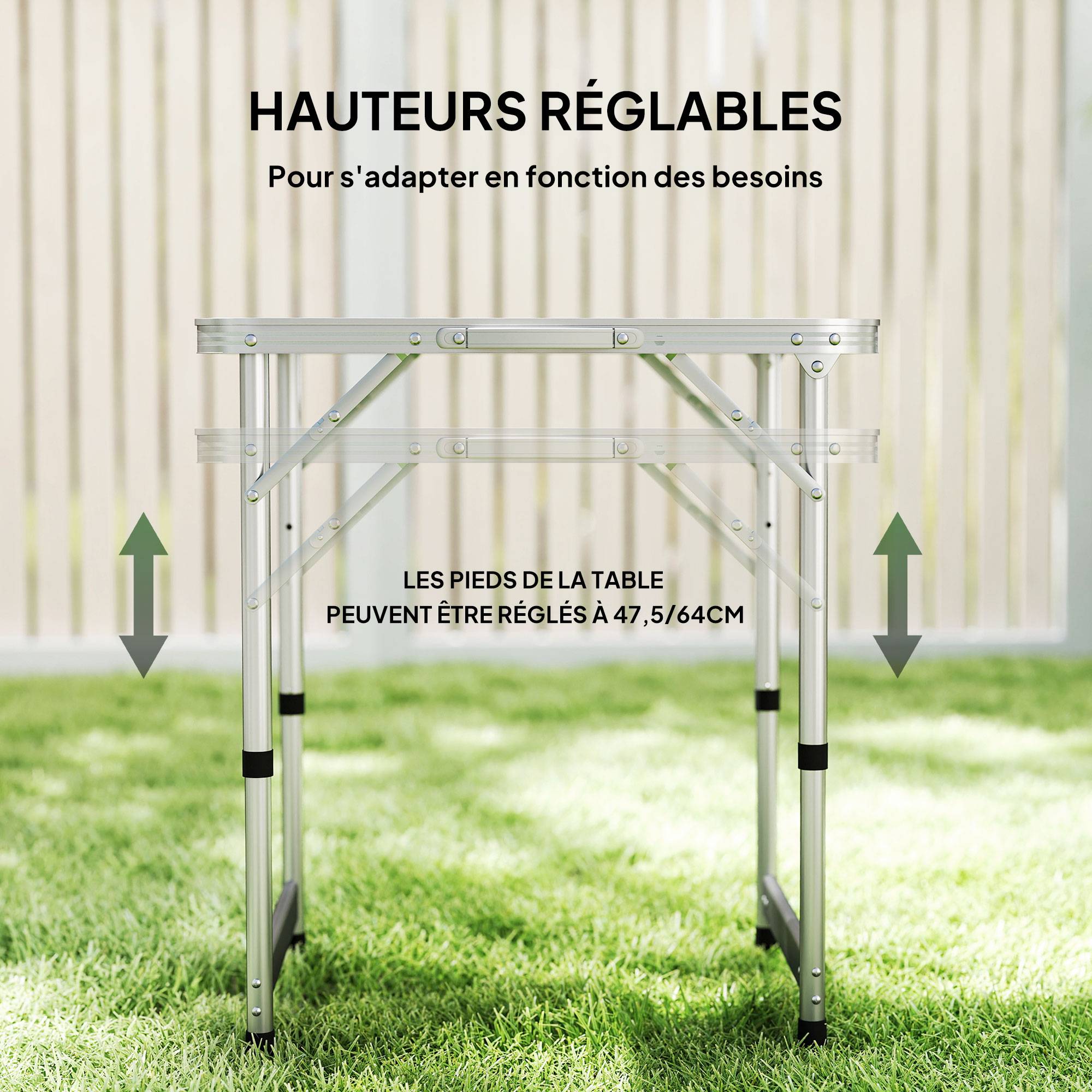 Table Pliante Table de Camping Table de Jardin Hauteur réglable Aluminium MDF Blanc - Image 8