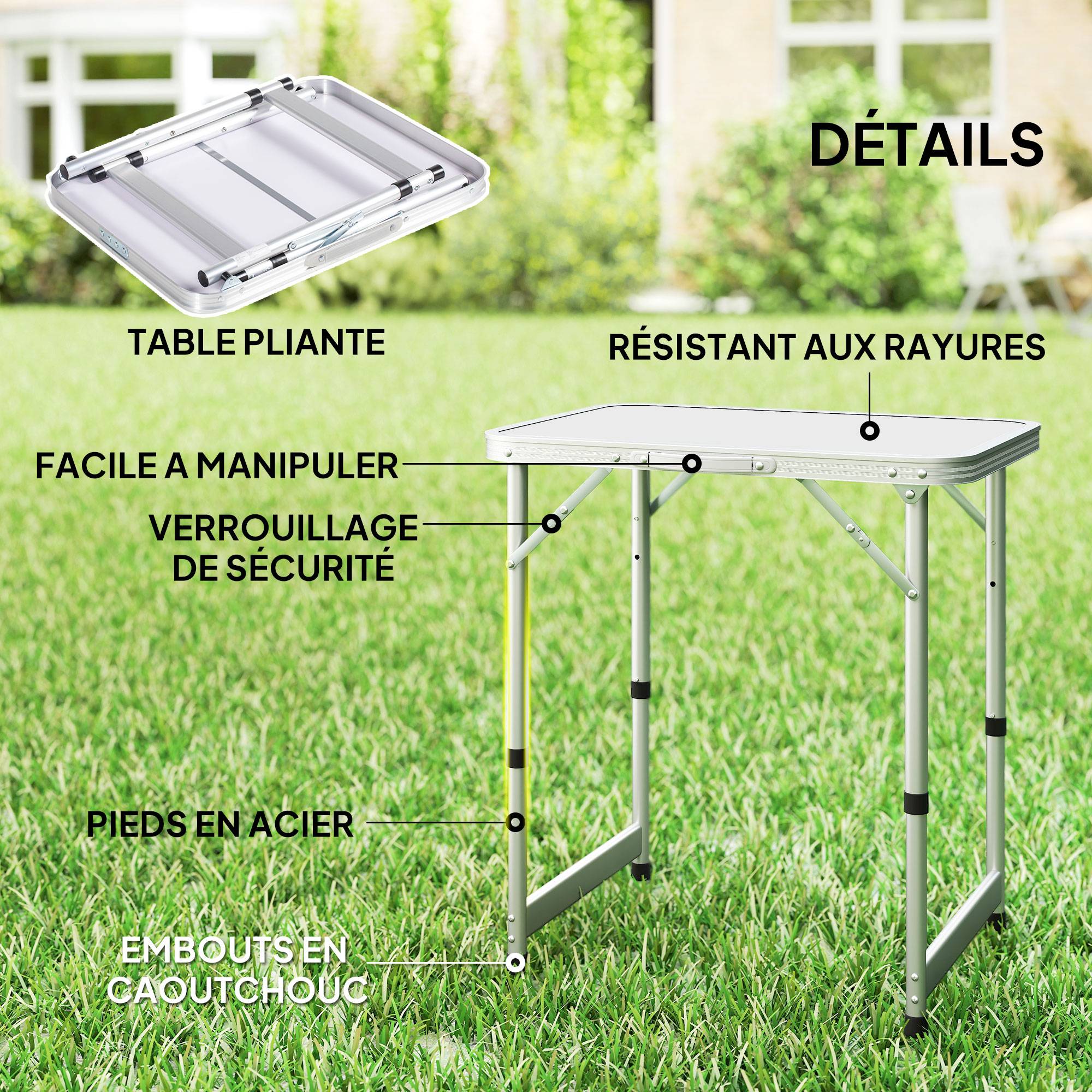 Table Pliante Table de Camping Table de Jardin Hauteur réglable Aluminium MDF Blanc - Image 7