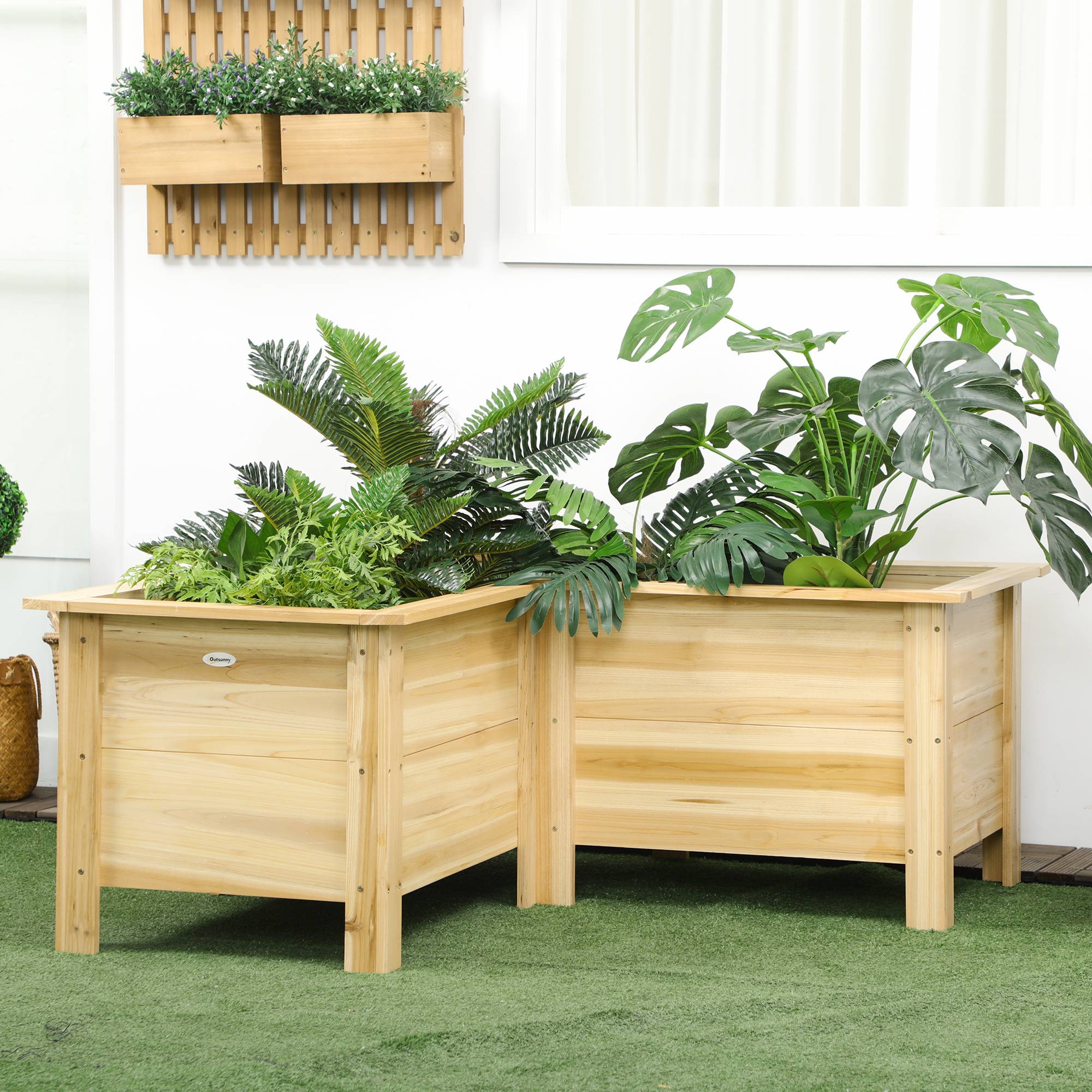 Jardinière surélevée en bois, pot de fleurs d'extérieur en forme de L avec revêtement en tissu non tissé, jardin urbain, 120 x 120 x 50 cm, naturel - Image 3