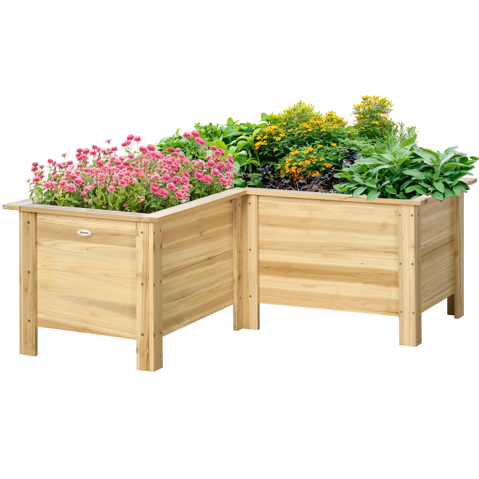Jardinière surélevée en bois, pot de fleurs d'extérieur en forme de L avec revêtement en tissu non tissé, jardin urbain, 120 x 120 x 50 cm, naturel - Image 2
