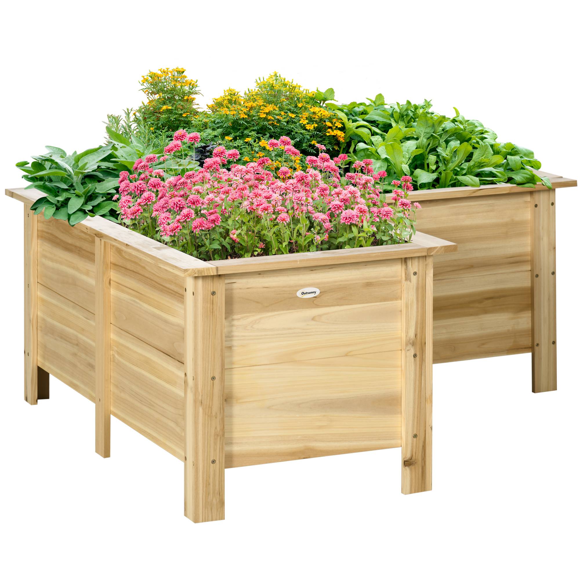 Jardinière surélevée en bois, pot de fleurs d'extérieur en forme de L avec revêtement en tissu non tissé, jardin urbain, 120 x 120 x 50 cm, naturel - Image 1