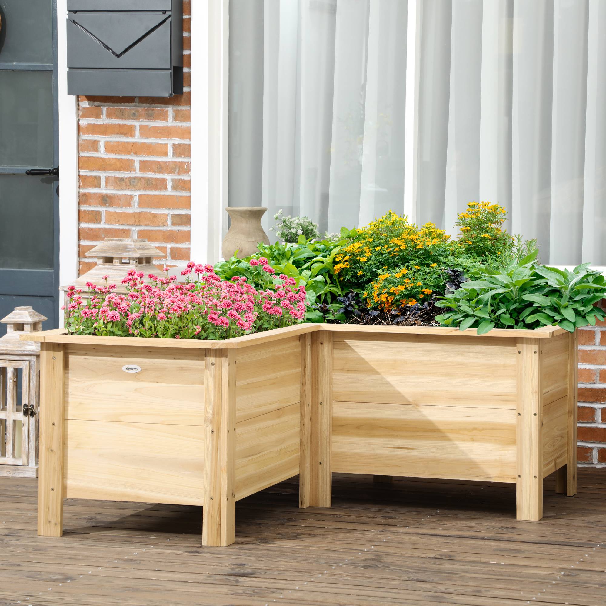 Jardinière surélevée en bois, pot de fleurs d'extérieur en forme de L avec revêtement en tissu non tissé, jardin urbain, 120 x 120 x 50 cm, naturel - Image 4