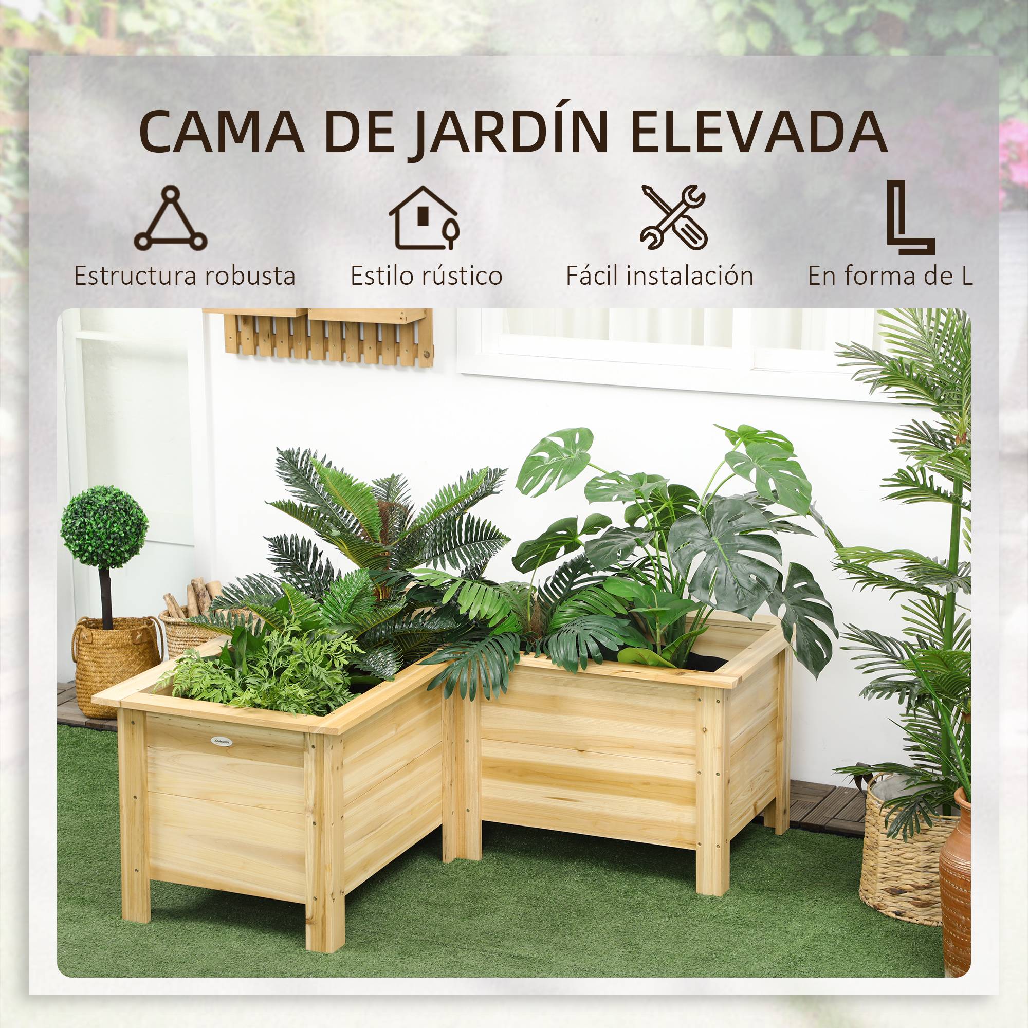 Jardinière surélevée en bois, pot de fleurs d'extérieur en forme de L avec revêtement en tissu non tissé, jardin urbain, 120 x 120 x 50 cm, naturel - Image 6