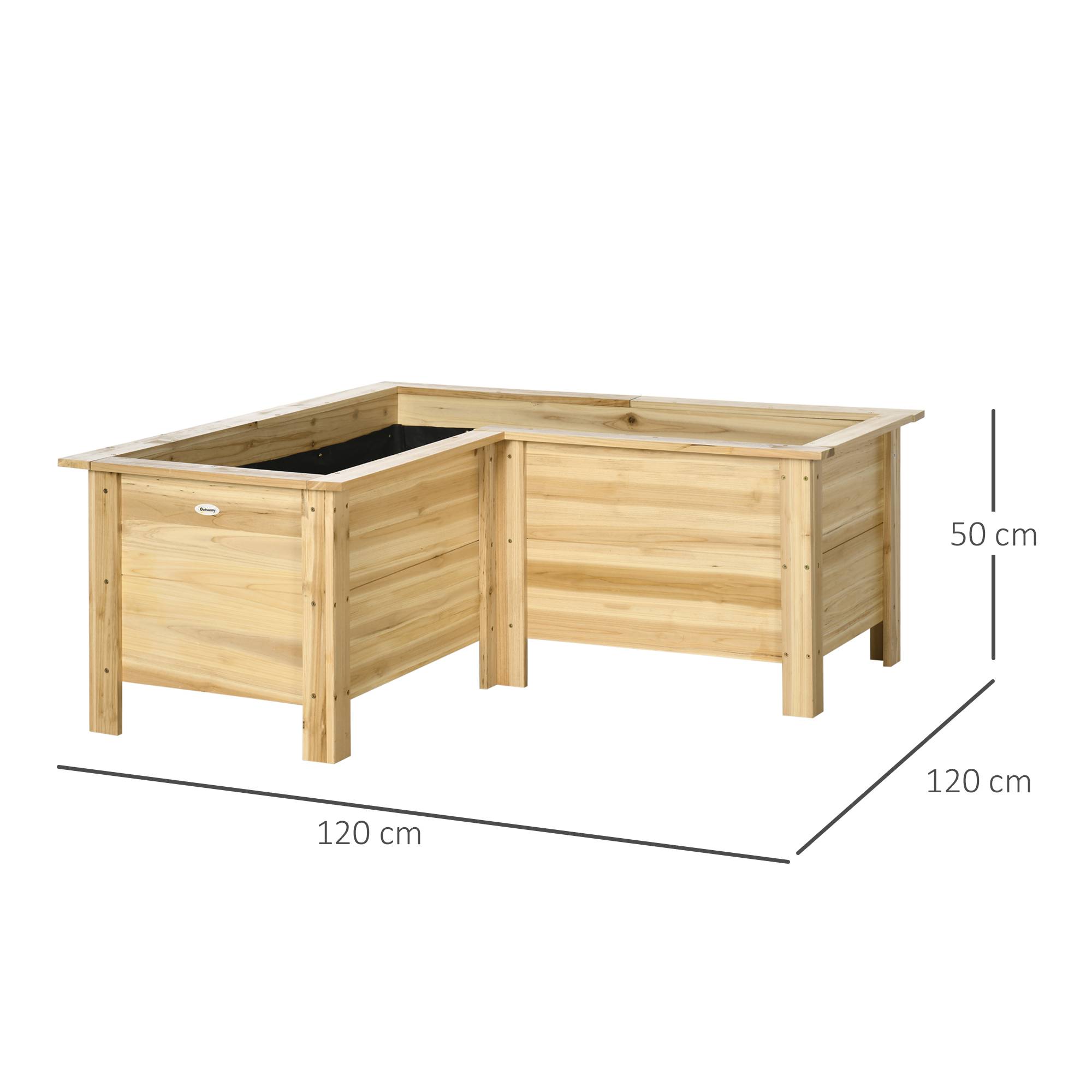 Jardinière surélevée en bois, pot de fleurs d'extérieur en forme de L avec revêtement en tissu non tissé, jardin urbain, 120 x 120 x 50 cm, naturel - Image 5