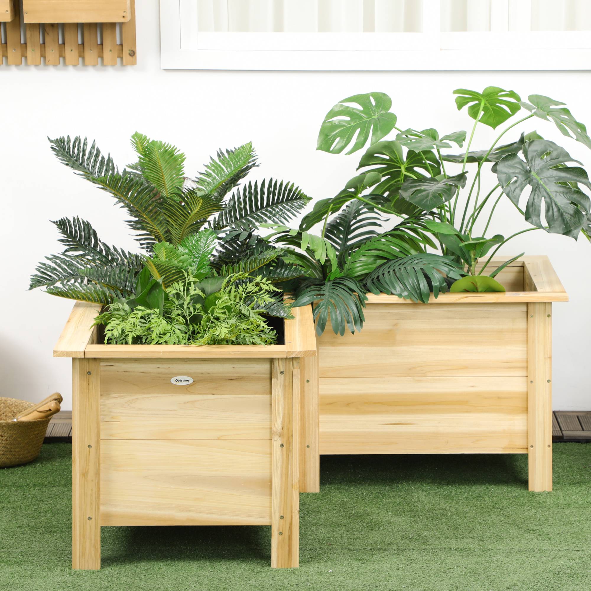 Jardinière surélevée en bois, pot de fleurs d'extérieur en forme de L avec revêtement en tissu non tissé, jardin urbain, 120 x 120 x 50 cm, naturel - Image 9