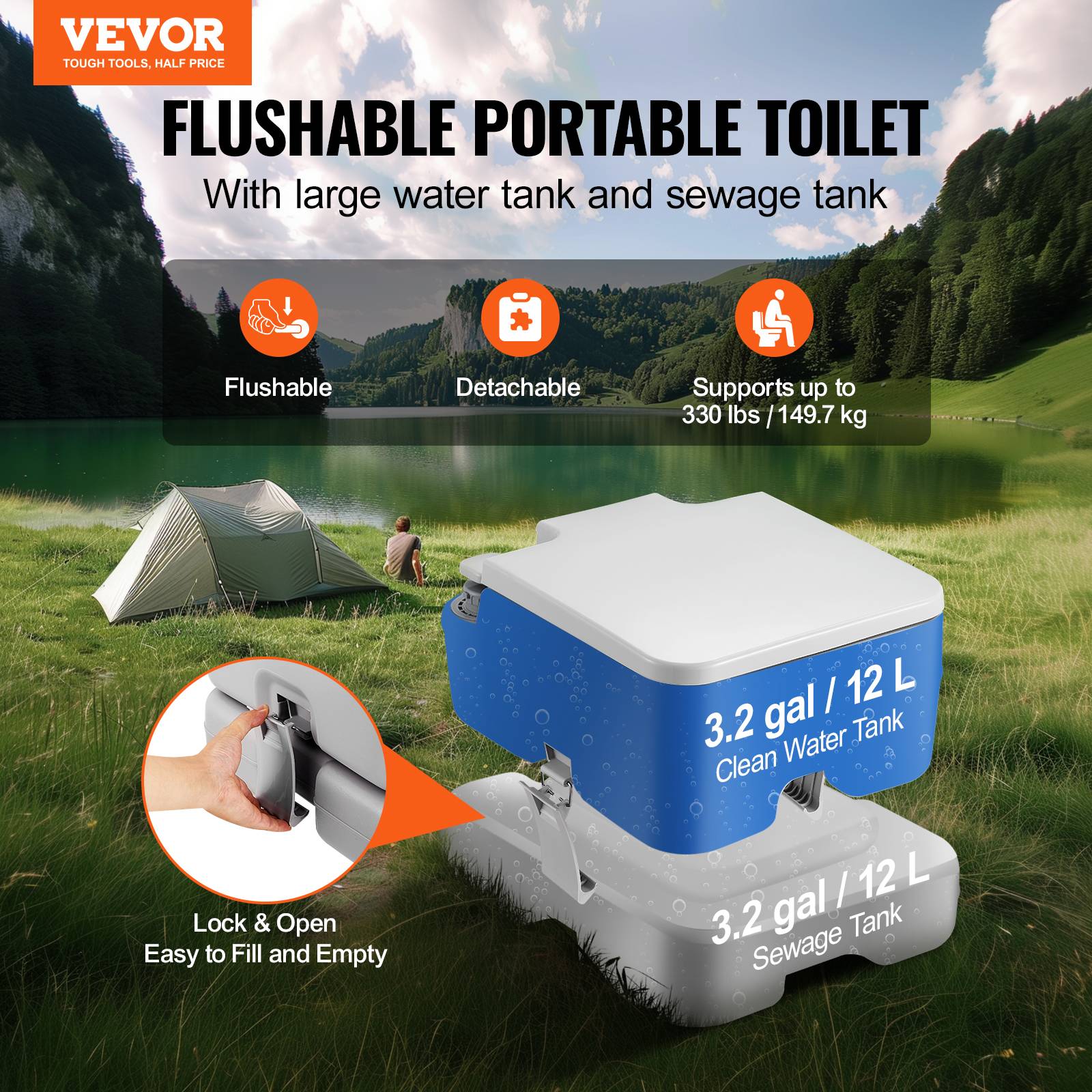 VEVOR Toilette portable chasse eau, 12 L matières, 12 L eau. Bouton-poussoir. - Image 2