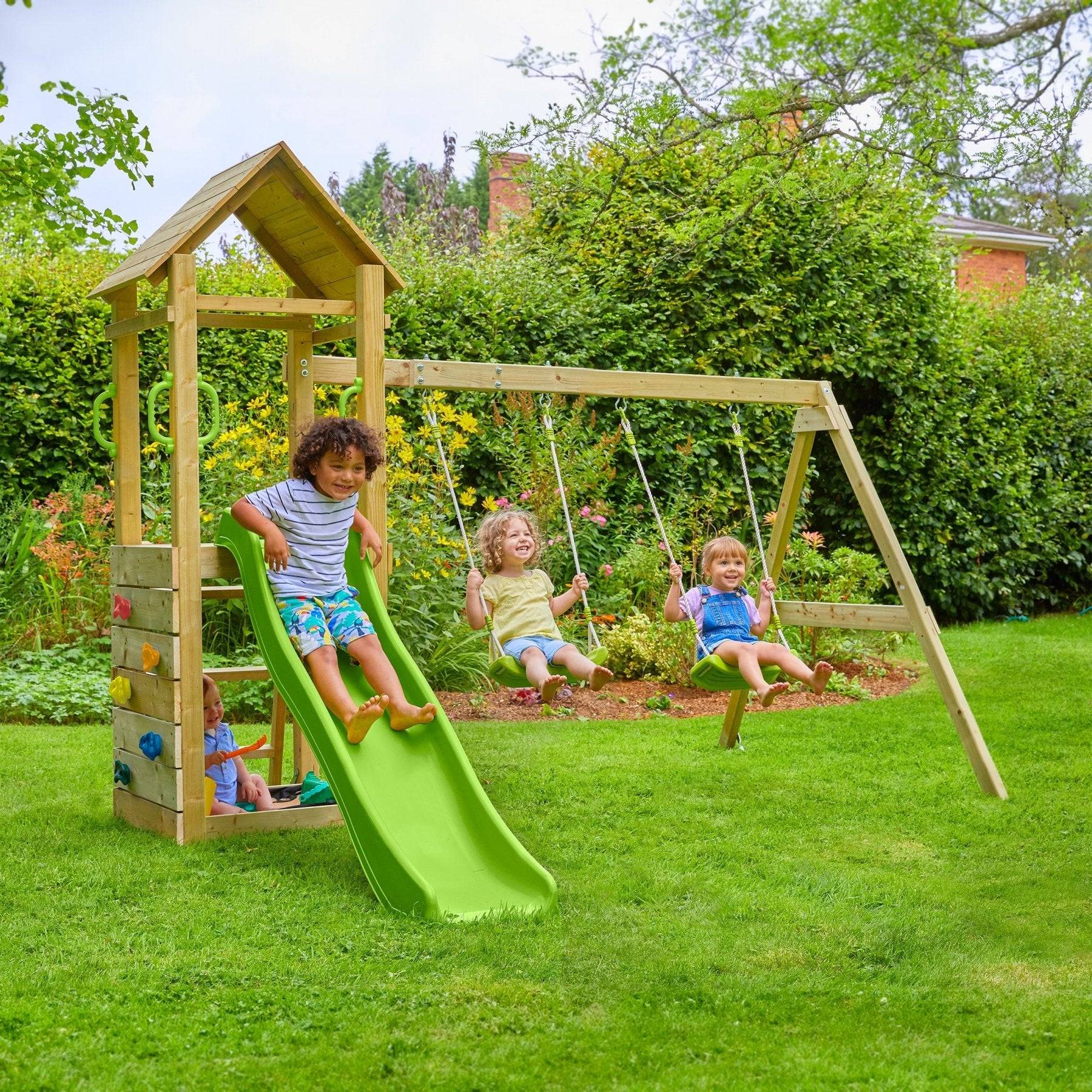 Aire de jeux GESSETTE avec toit - plateforme 87 cm - mur d’escalade - 2 balançoires & toboggan – TP TOYS - Image 1