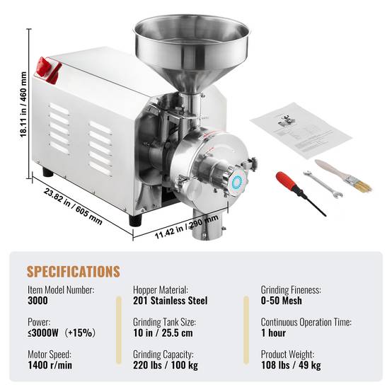 VEVOR Moulin à grains électrique soja 3000W, broyeur épices commercial 100 kg/h, inox. - Image 7