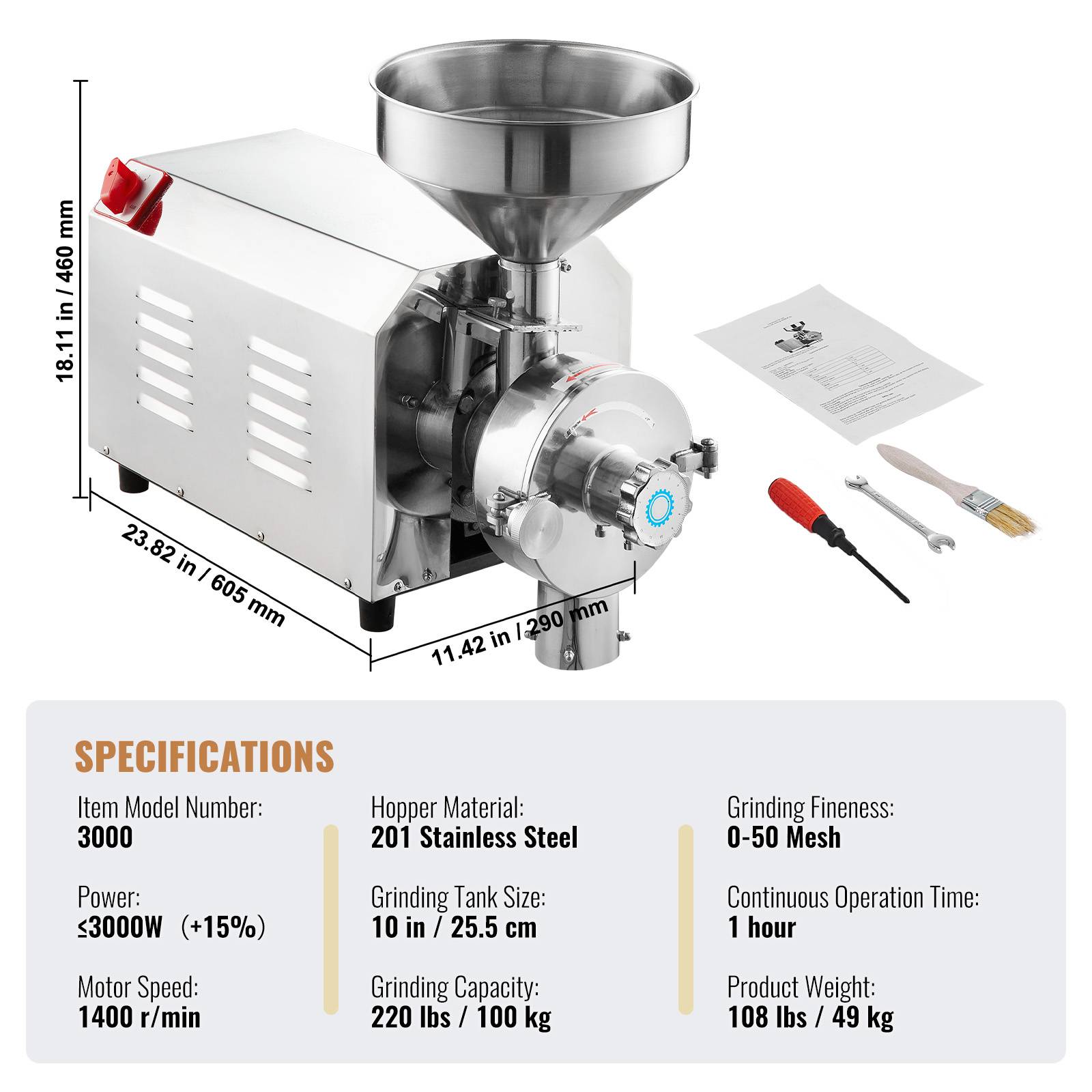 VEVOR Moulin à grains électrique soja 3000W, broyeur épices commercial 100 kg/h, inox. - Image 7