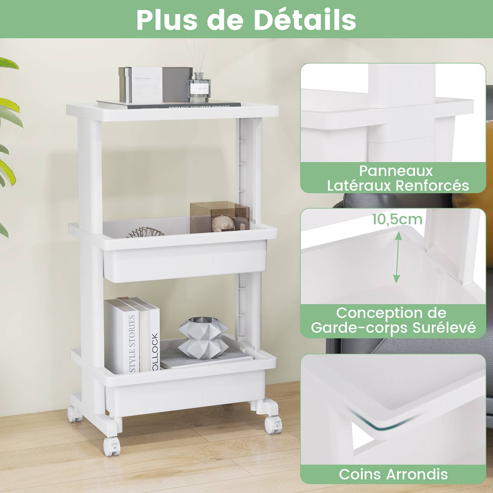 ASPECT Indigo Chariot De Service 3 Étagères Verre Blanc Givré - Roulettes Verrouillables Cuisine Salle De Bain Bureau