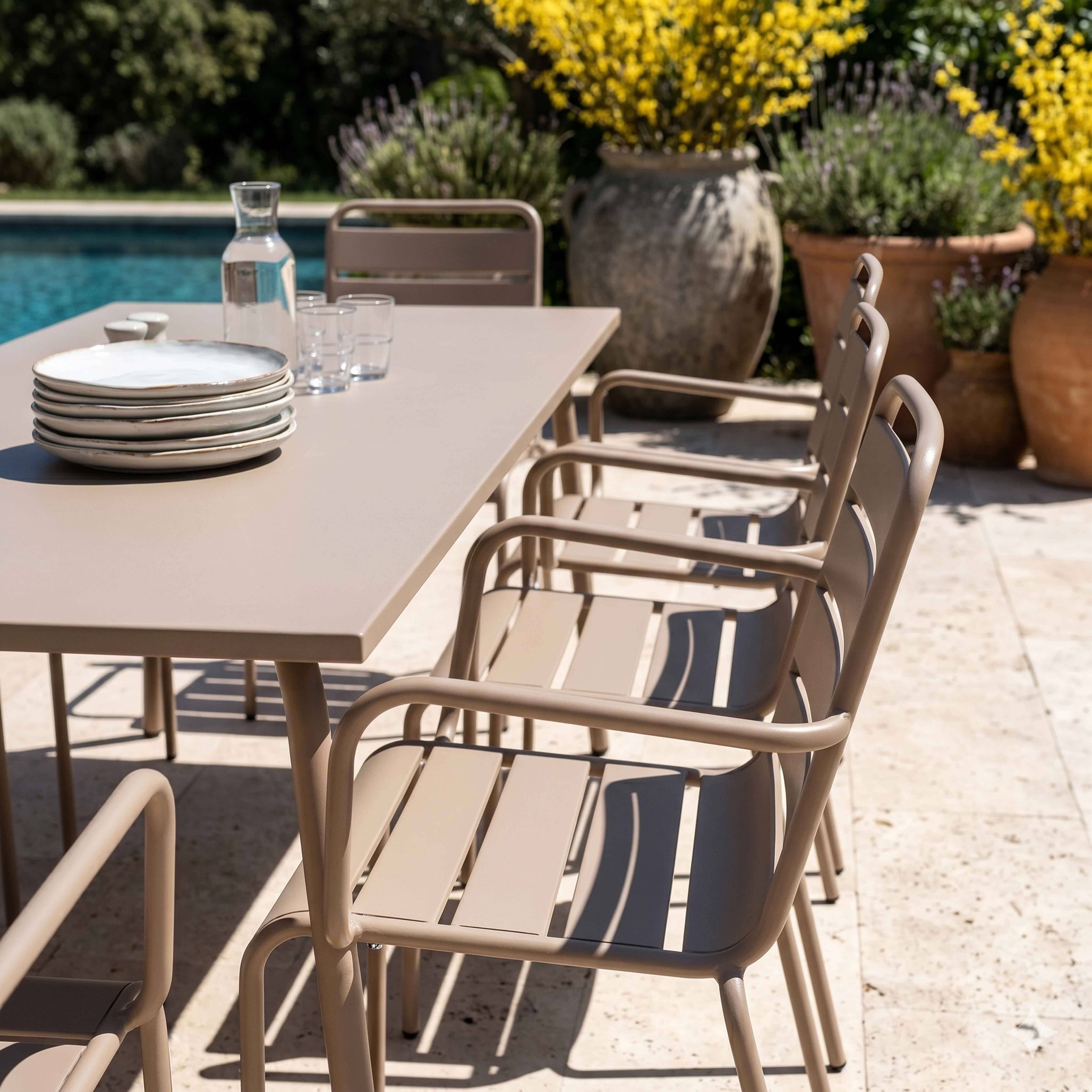 Oviala - Ensemble table de jardin et 8 fauteuils en métal taupe  Palavas - Oviala - Image 3
