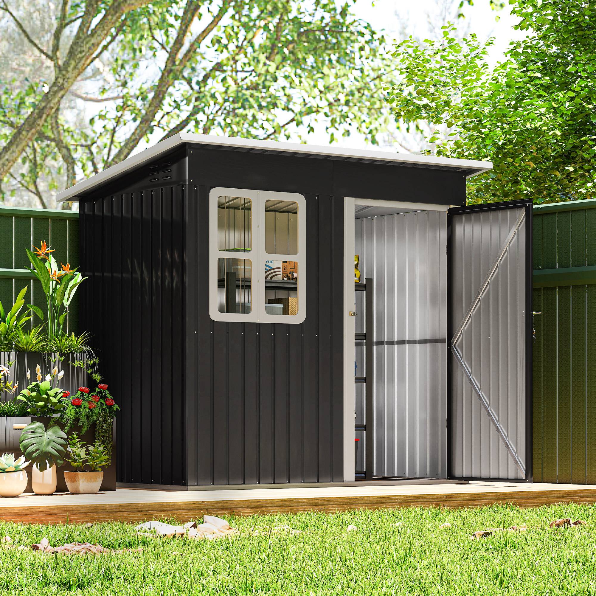 Abri de jardin en acier avec porte verrouillable, fenêtre et aérations, 2,2 x 1,3 m, gris - Image 4