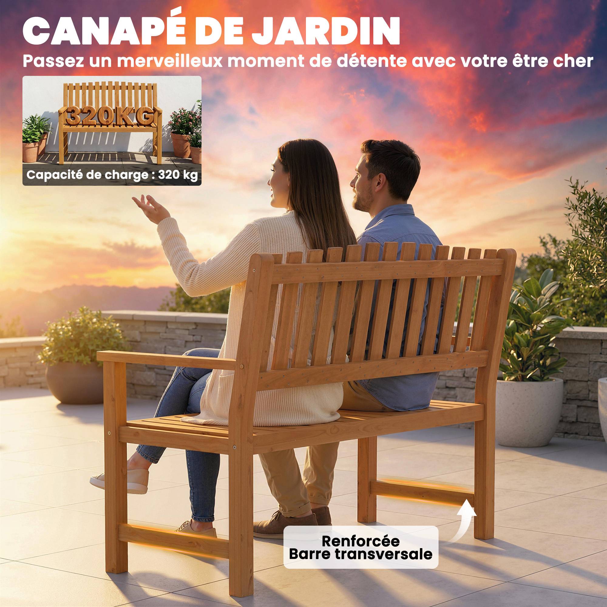 Banc de Jardin Banquette de Terrasse 2 Places Charge Max. 320kg Accoudoirs 112 x 64 x 92 cm Bois d'Acacia Naturel - Image 7