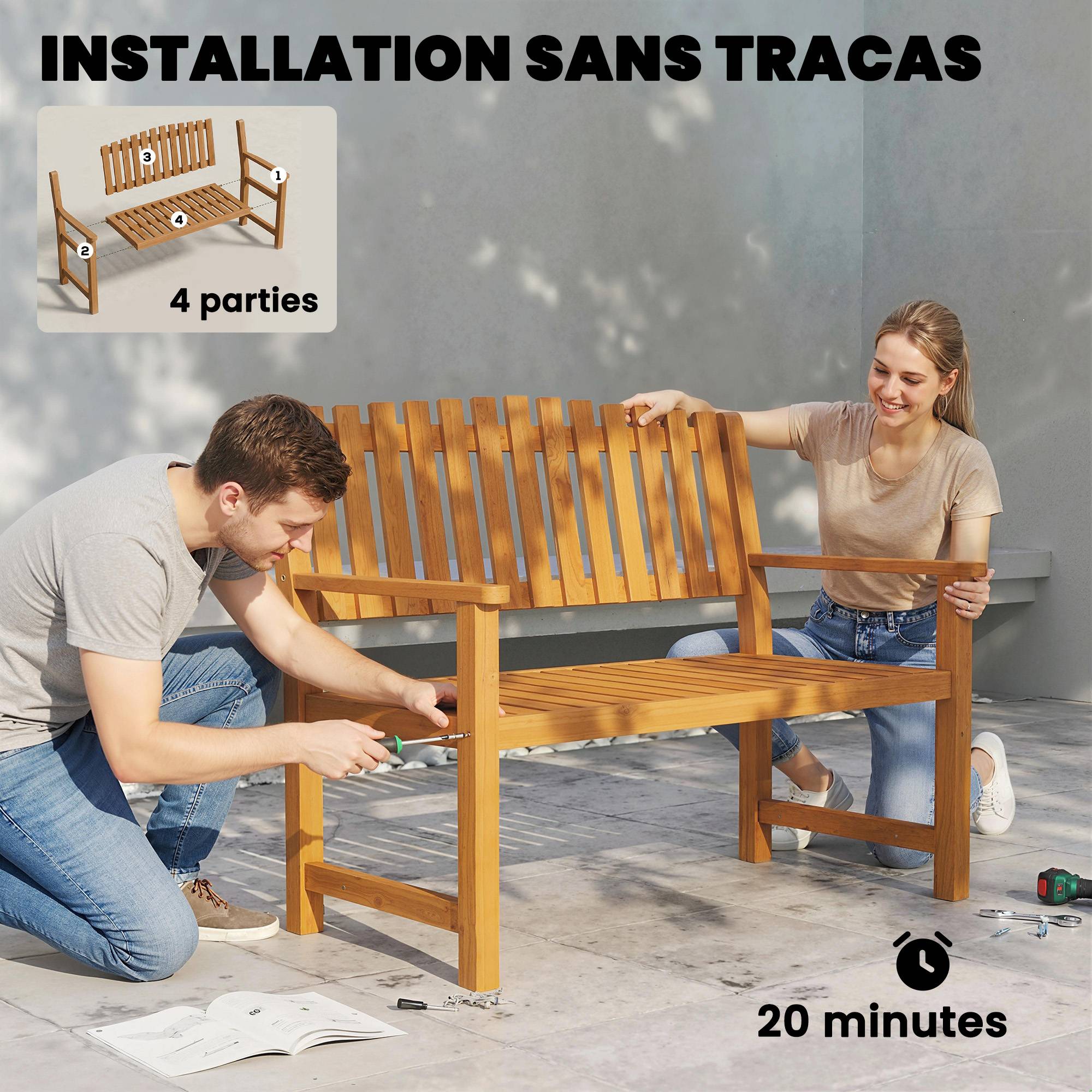 Banc de Jardin Banquette de Terrasse 2 Places Charge Max. 320kg Accoudoirs 112 x 64 x 92 cm Bois d'Acacia Naturel - Image 10