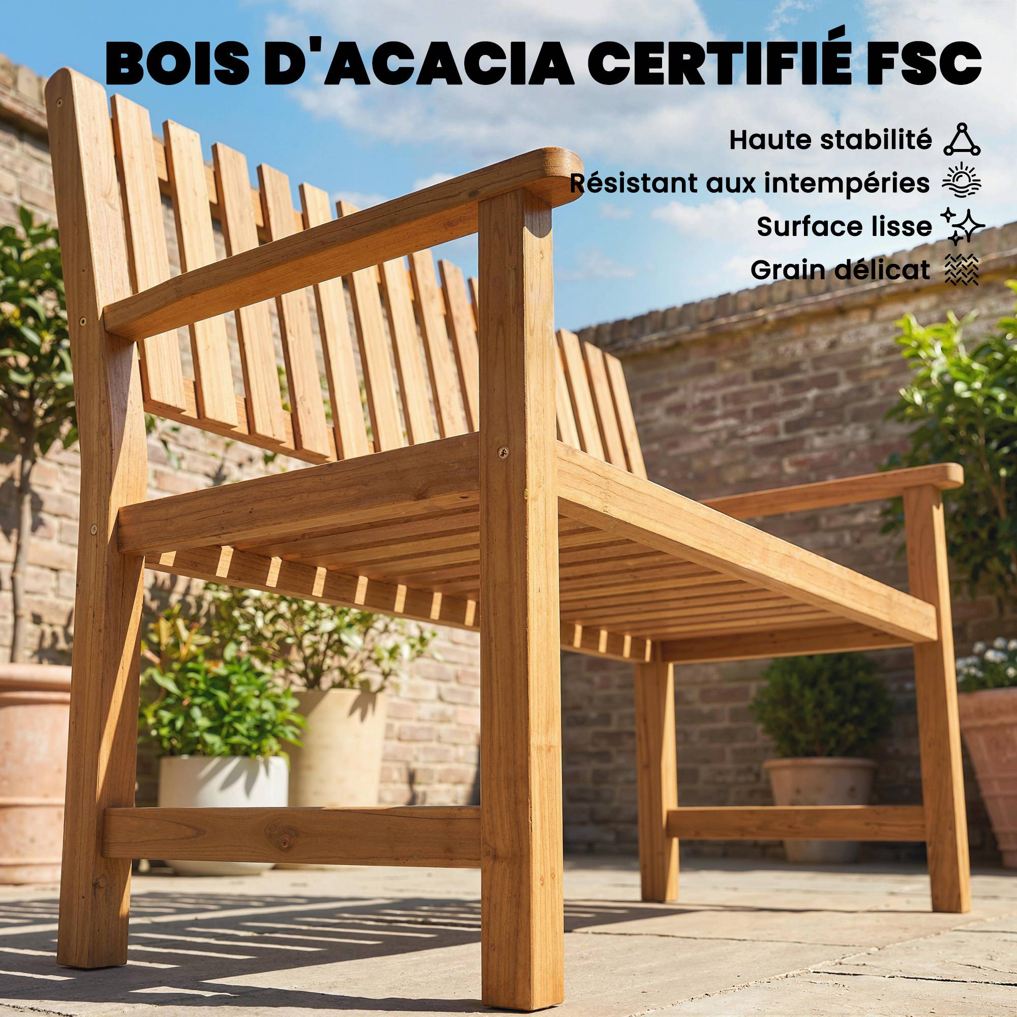 Banc de Jardin Banquette de Terrasse 2 Places Charge Max. 320kg Accoudoirs 112 x 64 x 92 cm Bois d'Acacia Naturel - Image 6