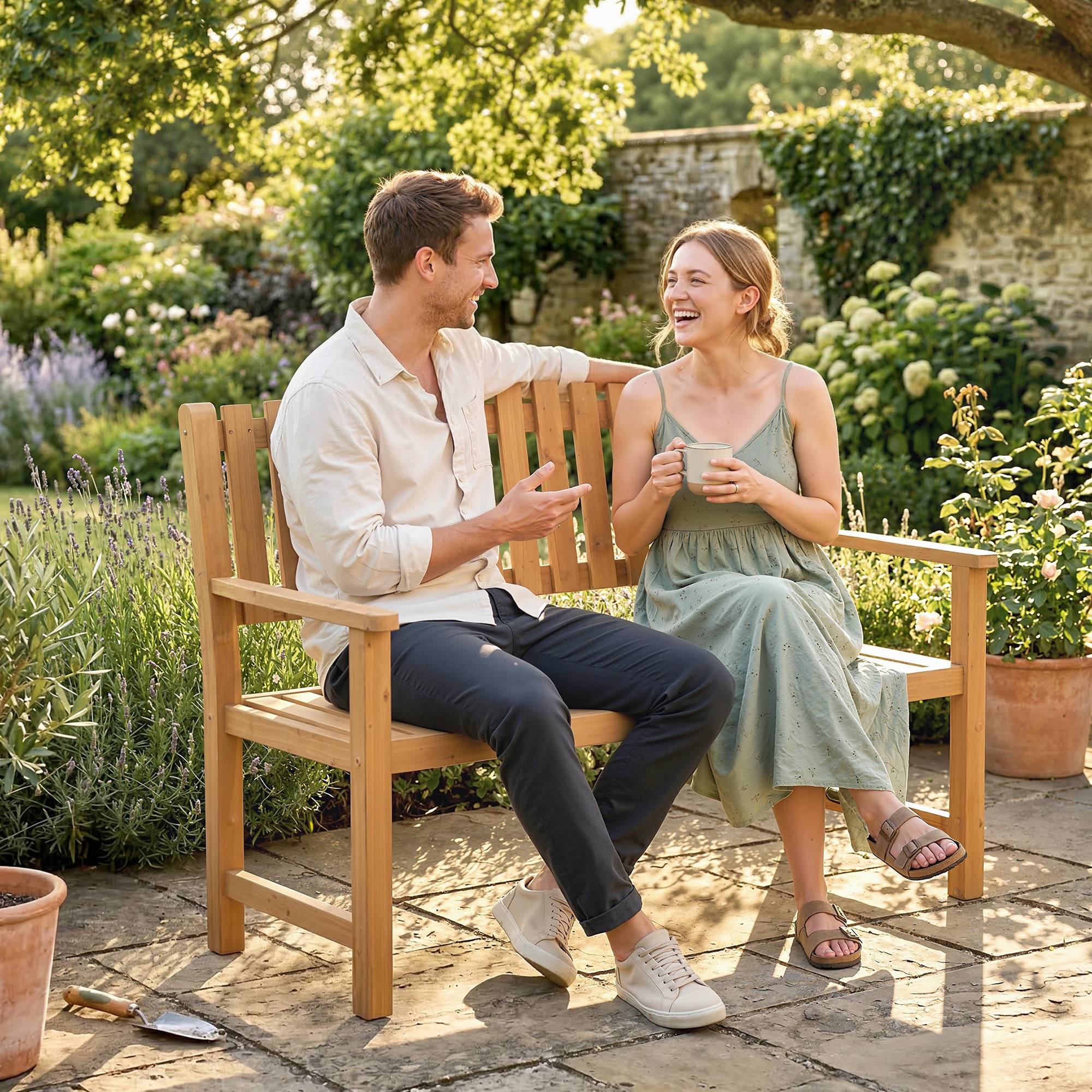 Banc de Jardin Banquette de Terrasse 2 Places Charge Max. 320kg Accoudoirs 112 x 64 x 92 cm Bois d'Acacia Naturel - Image 3