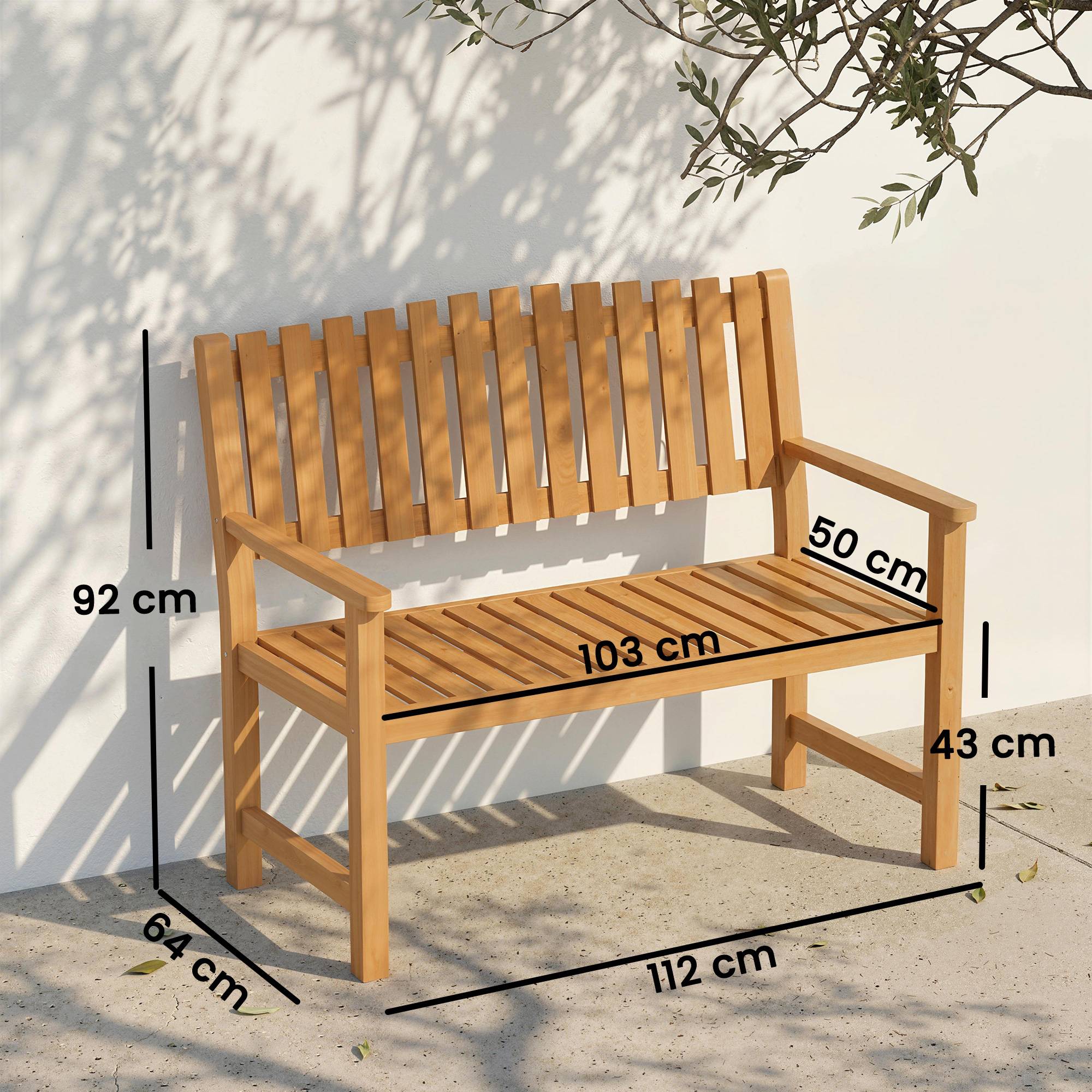 Banc de Jardin Banquette de Terrasse 2 Places Charge Max. 320kg Accoudoirs 112 x 64 x 92 cm Bois d'Acacia Naturel - Image 5