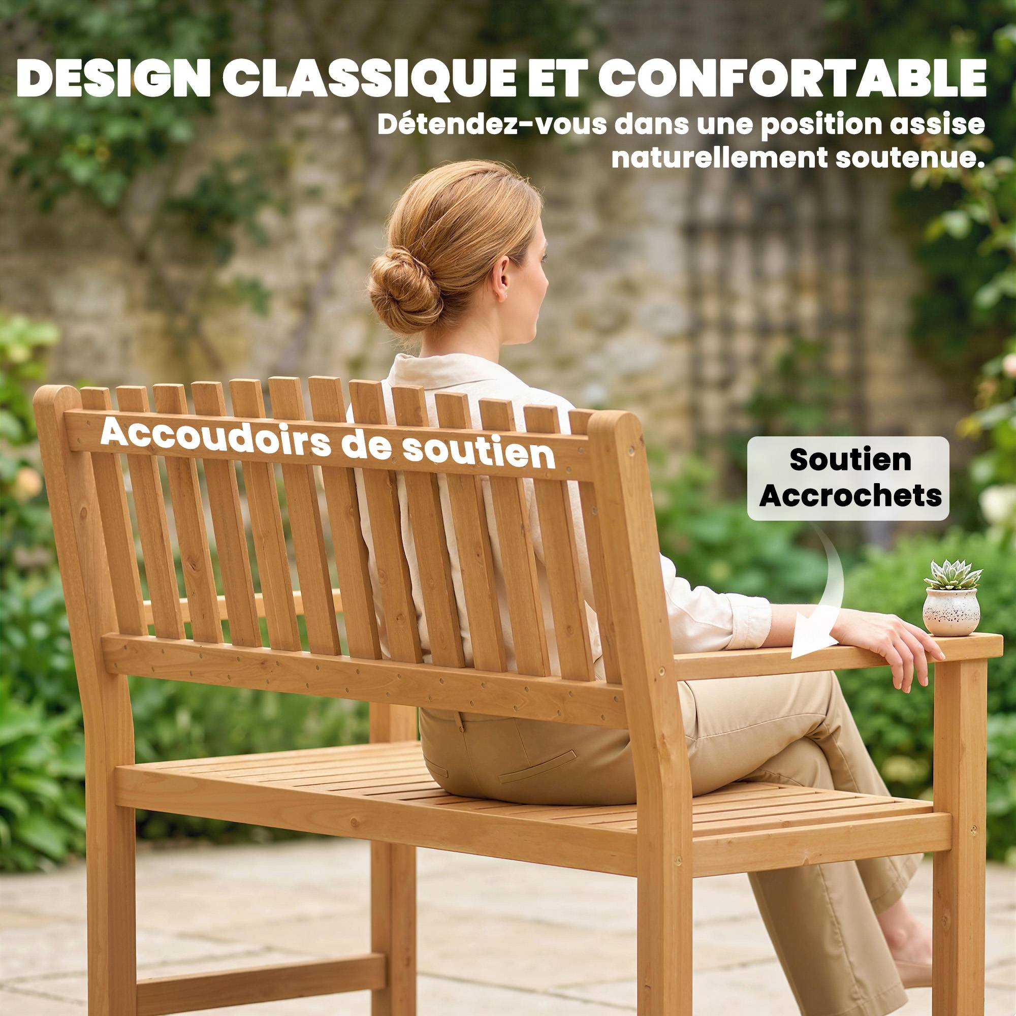 Banc de Jardin Banquette de Terrasse 2 Places Charge Max. 320kg Accoudoirs 112 x 64 x 92 cm Bois d'Acacia Naturel - Image 8