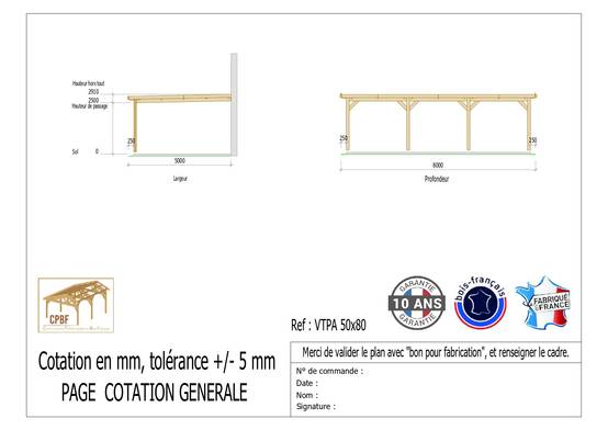 Cpbf Charpentes - Carport adossé toit plat 500cmx800cm, bois DOUGLAS Français (Charpente en bois-auvent-abri voiture) 40 m². Garantie 10 ans - Image 2