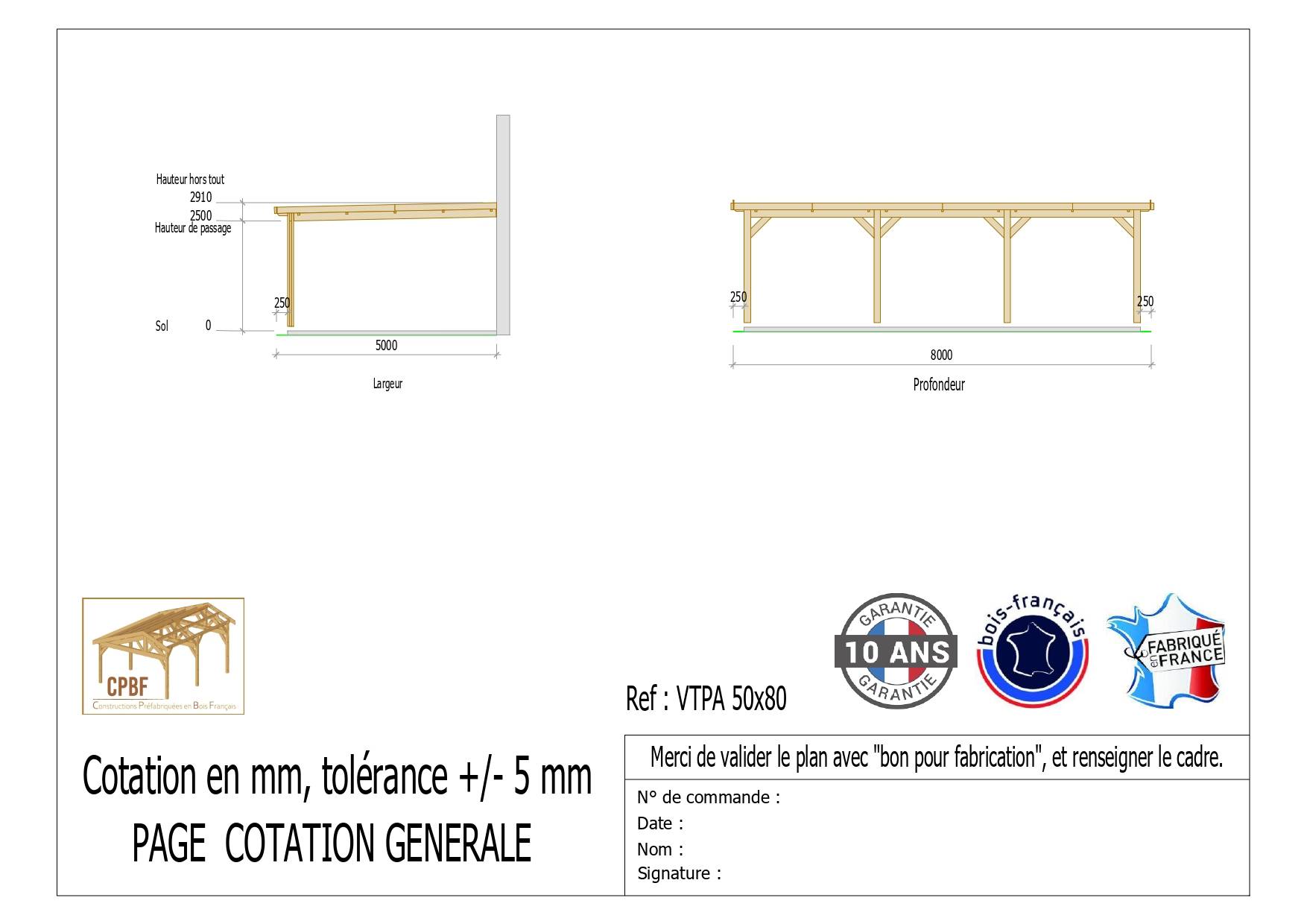 Cpbf Charpentes - Carport adossé toit plat 500cmx800cm, bois DOUGLAS Français (Charpente en bois-auvent-abri voiture) 40 m². Garantie 10 ans - Image 2