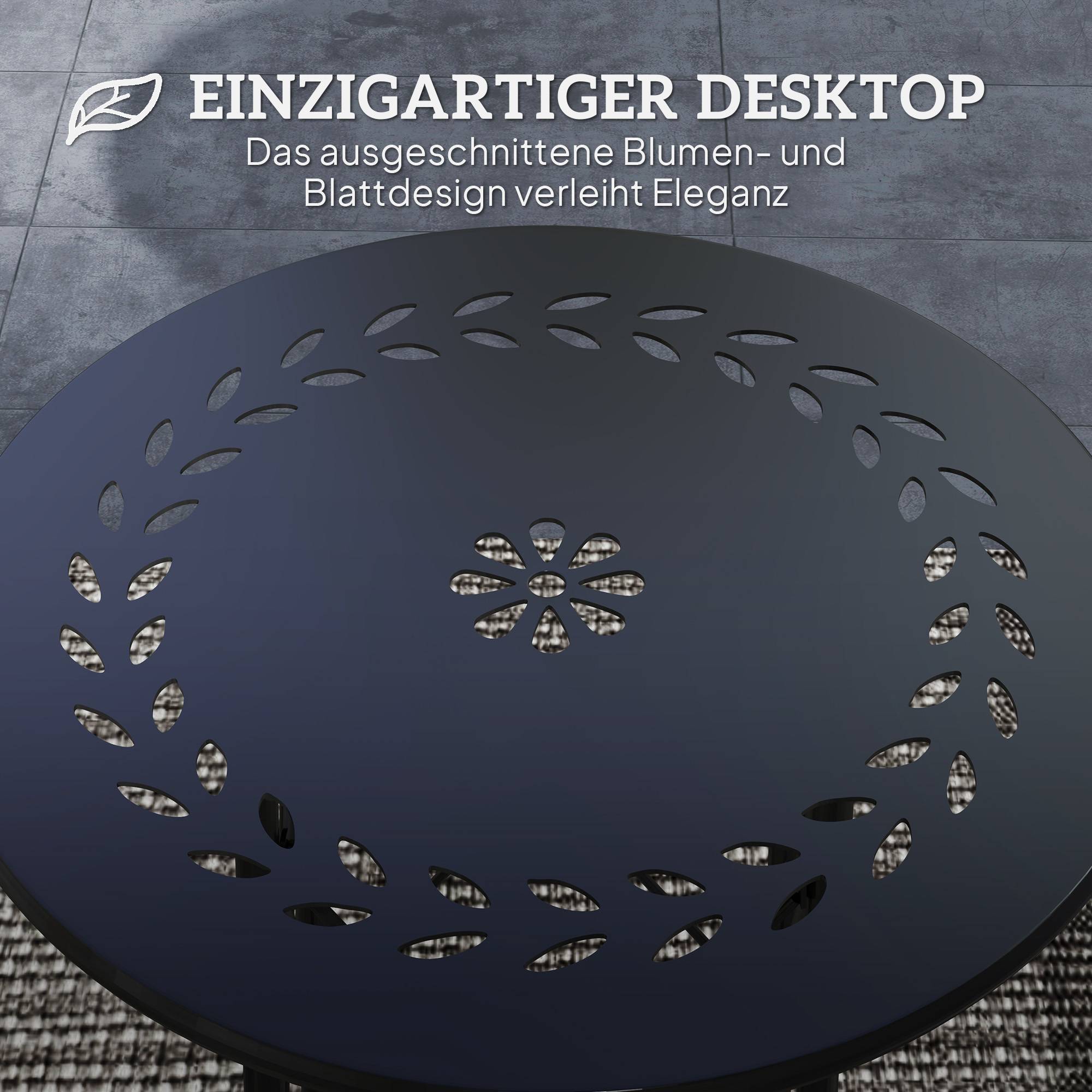 Table de jardin ronde style bistrot en acier à motif floral, utilisable intérieur et extérieur, couleur noire - Image 4