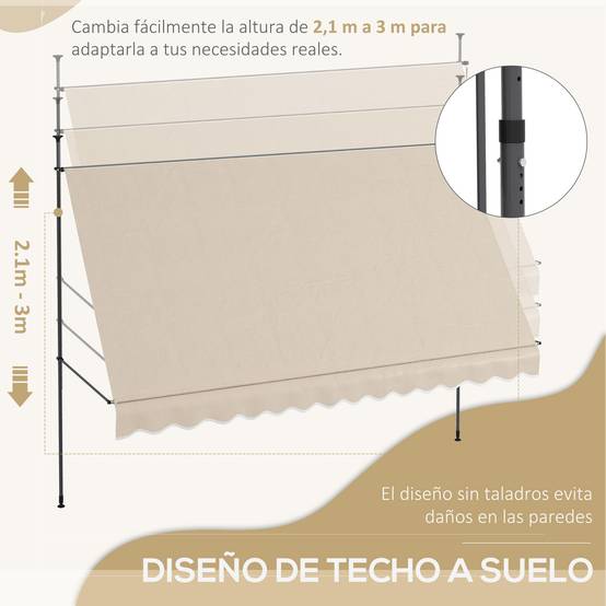 Store banne rétractable manuel à manivelle 350 x 120 x 210-300 cm, hauteur réglable, imperméable et anti-UV, couleur sable - Image 6