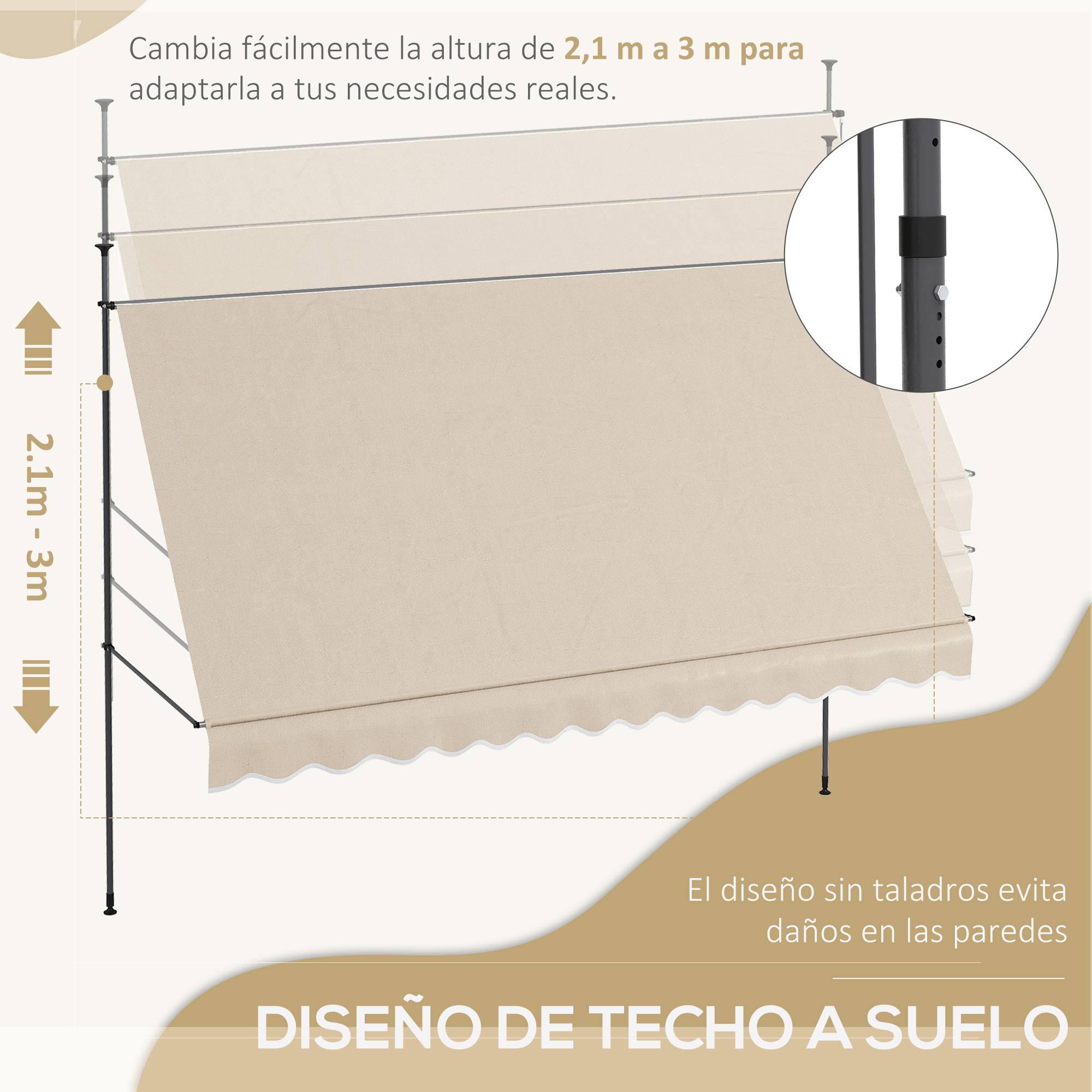 Store banne rétractable manuel à manivelle 350 x 120 x 210-300 cm, hauteur réglable, imperméable et anti-UV, couleur sable - Image 6