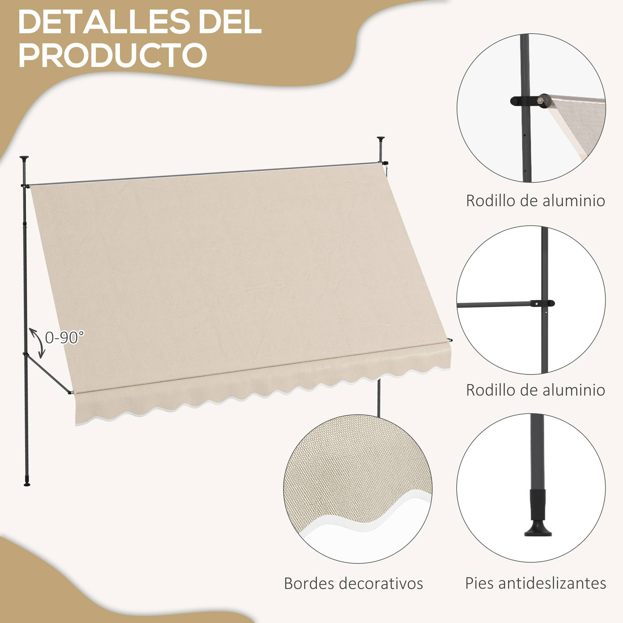 Store banne rétractable manuel à manivelle 350 x 120 x 210-300 cm, hauteur réglable, imperméable et anti-UV, couleur sable - Image 9