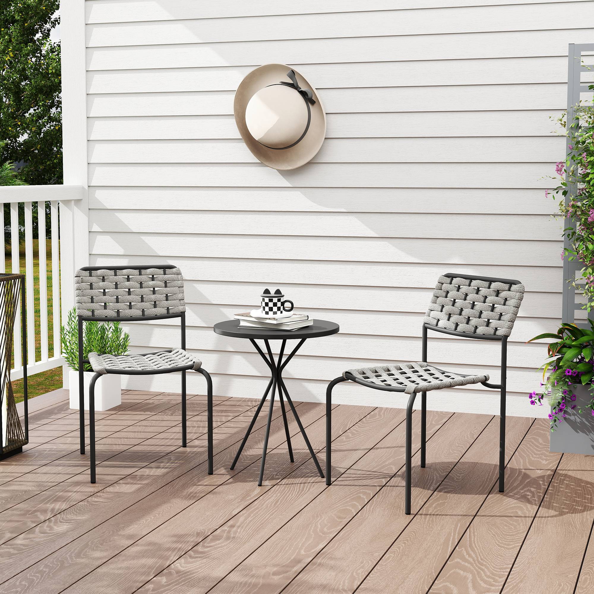 ComfortXL - Salon de jardin 2 places acier polyester gris 3 pièces avec table ronde pour balcon terrasse et petit espace - Image 8