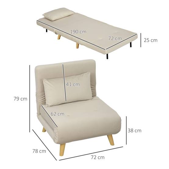 Fauteuil pliant convertible en lit, inclinable et pliable en velours, dossier réglable, charge maximale de 120 kg, beige - Image 5
