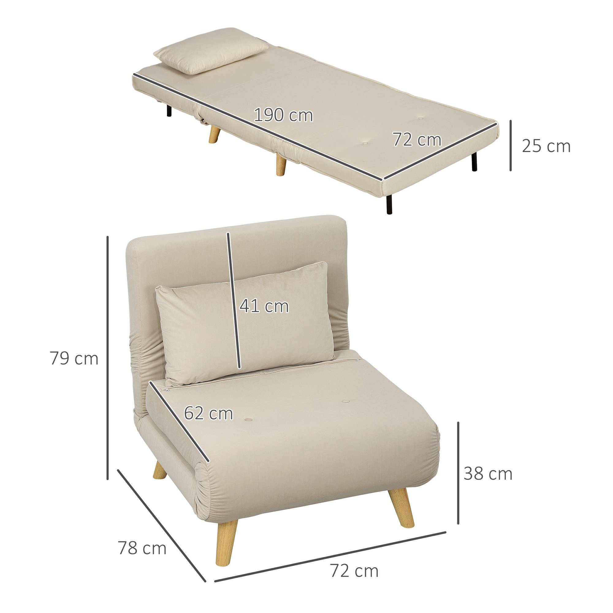 Fauteuil pliant convertible en lit, inclinable et pliable en velours, dossier réglable, charge maximale de 120 kg, beige - Image 5