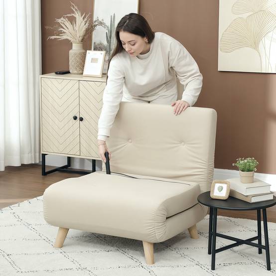 Fauteuil pliant convertible en lit, inclinable et pliable en velours, dossier réglable, charge maximale de 120 kg, beige - Image 10