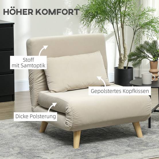 Fauteuil pliant convertible en lit, inclinable et pliable en velours, dossier réglable, charge maximale de 120 kg, beige - Image 6