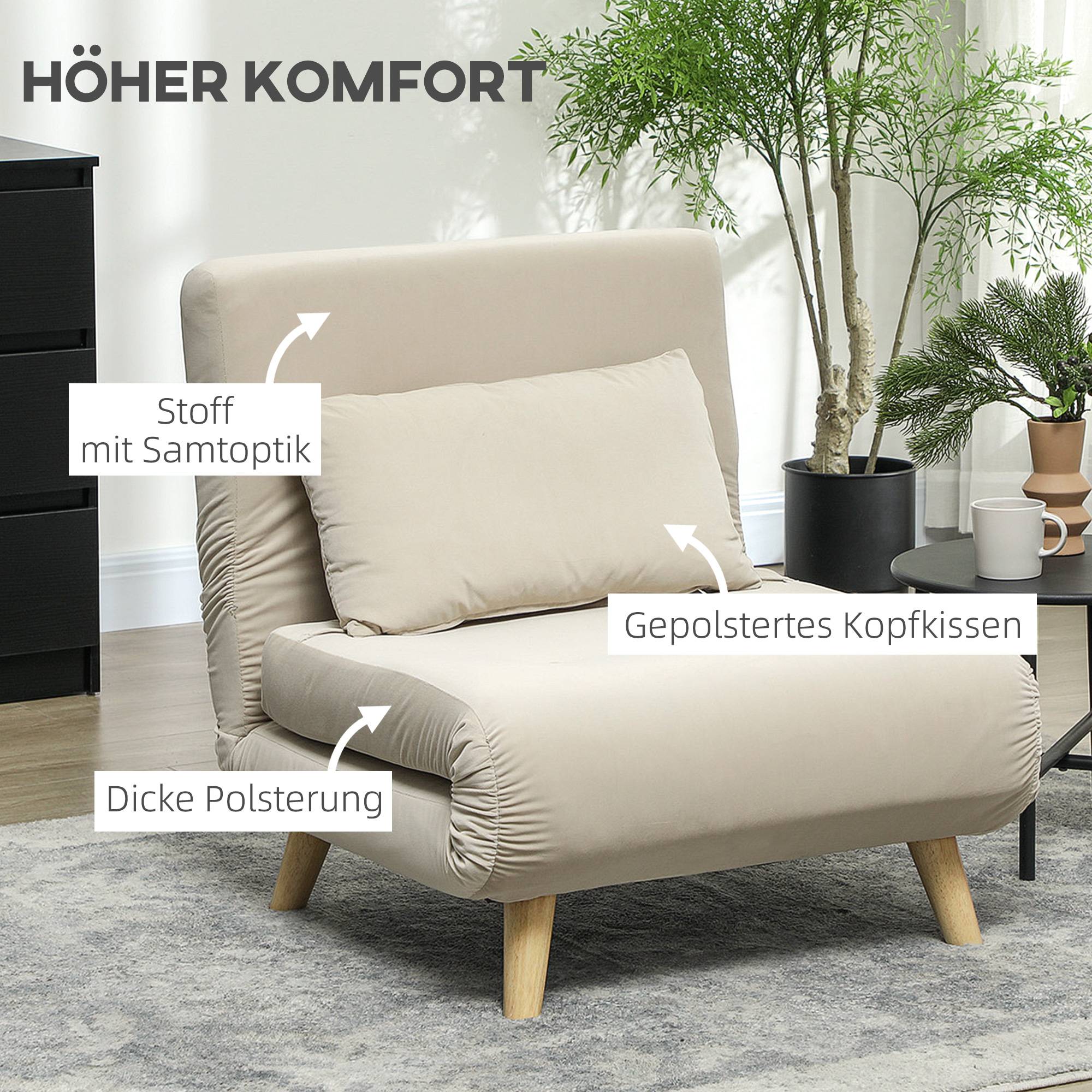 Fauteuil pliant convertible en lit, inclinable et pliable en velours, dossier réglable, charge maximale de 120 kg, beige - Image 6
